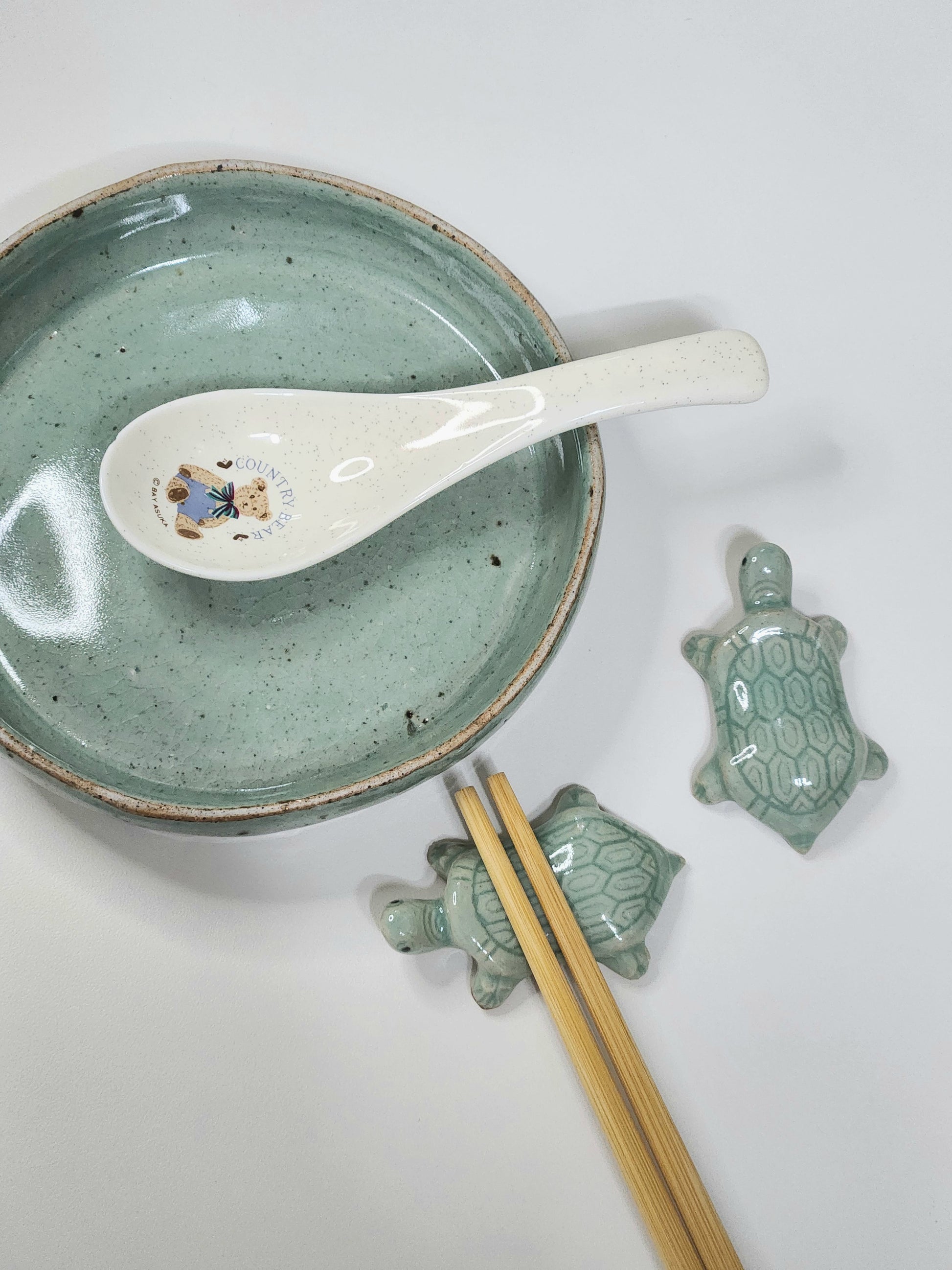 Korean Traditional Celadon Turtle Spoon and Chopsticks Rest 2P set