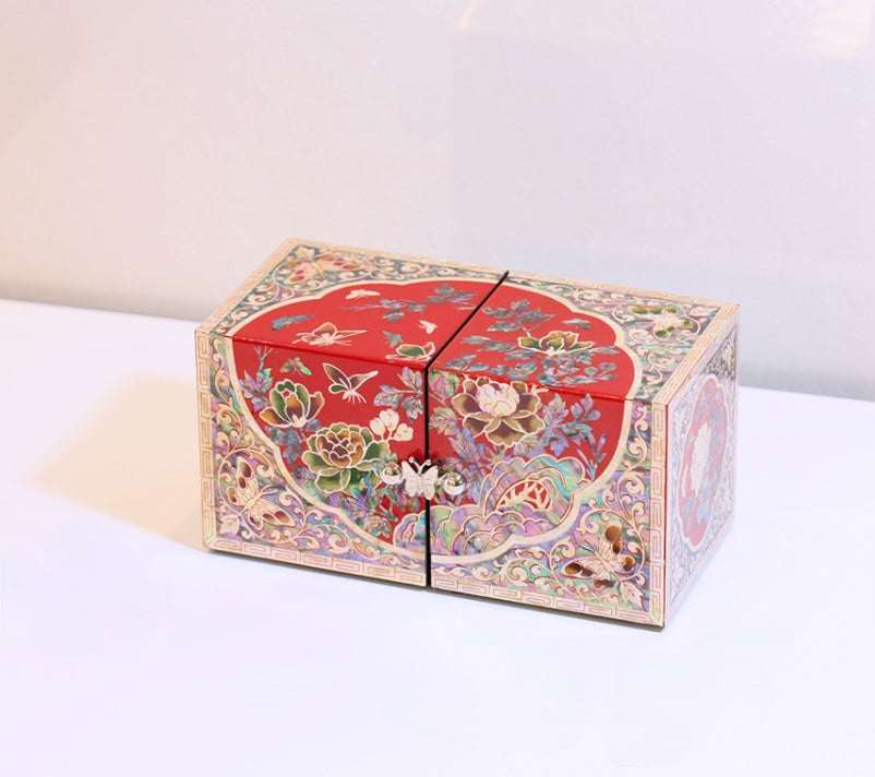 Handmade Mother of Pearl Inlay Red Floral Jewelry Box / Gift 