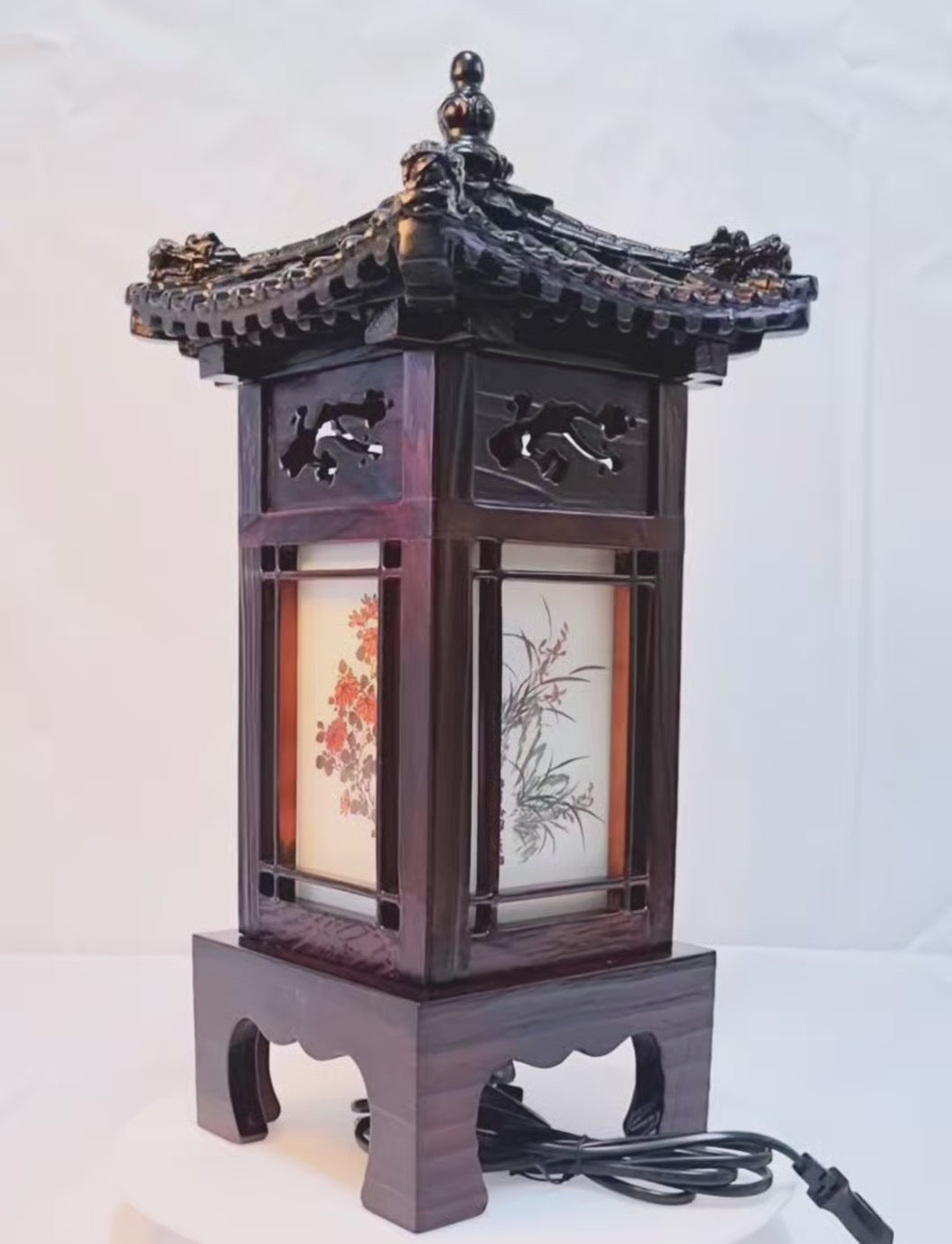 Korean Traditional Hanok Roof Tiles Desk or Floor Lamp The Four Gracious Plants Hanji Lanterns