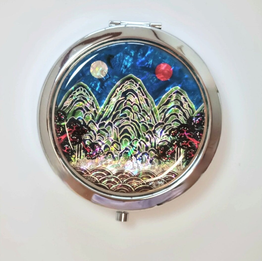Mother of Pearl Designer Compact Mirror with Crane and Yellow Moon
