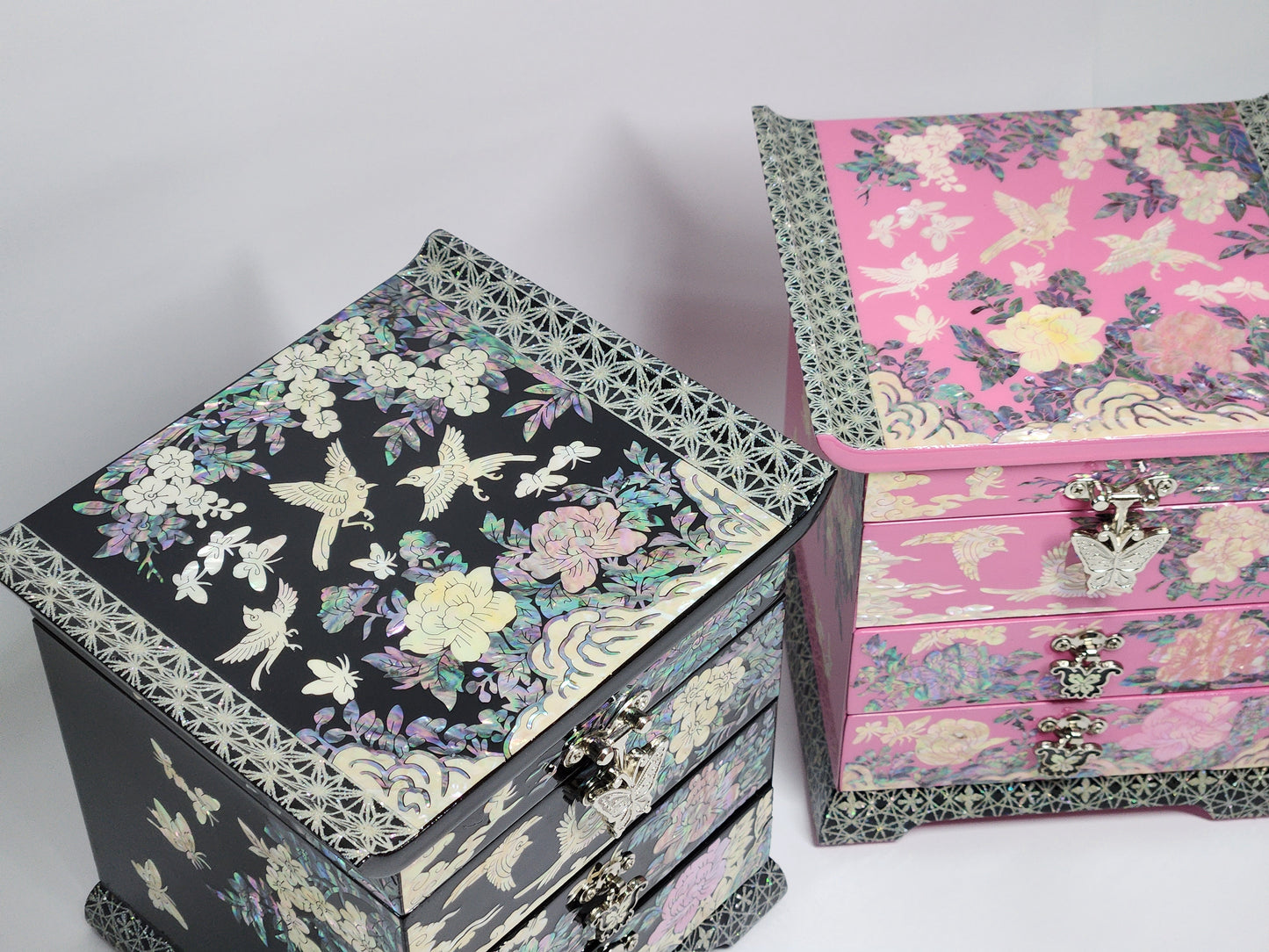 Korean Mother of Pearl Jewelry Box 2 drawers Peony and Butterlfy Birds Design Unique Gift ideas for Her Christams Birthday Wedding