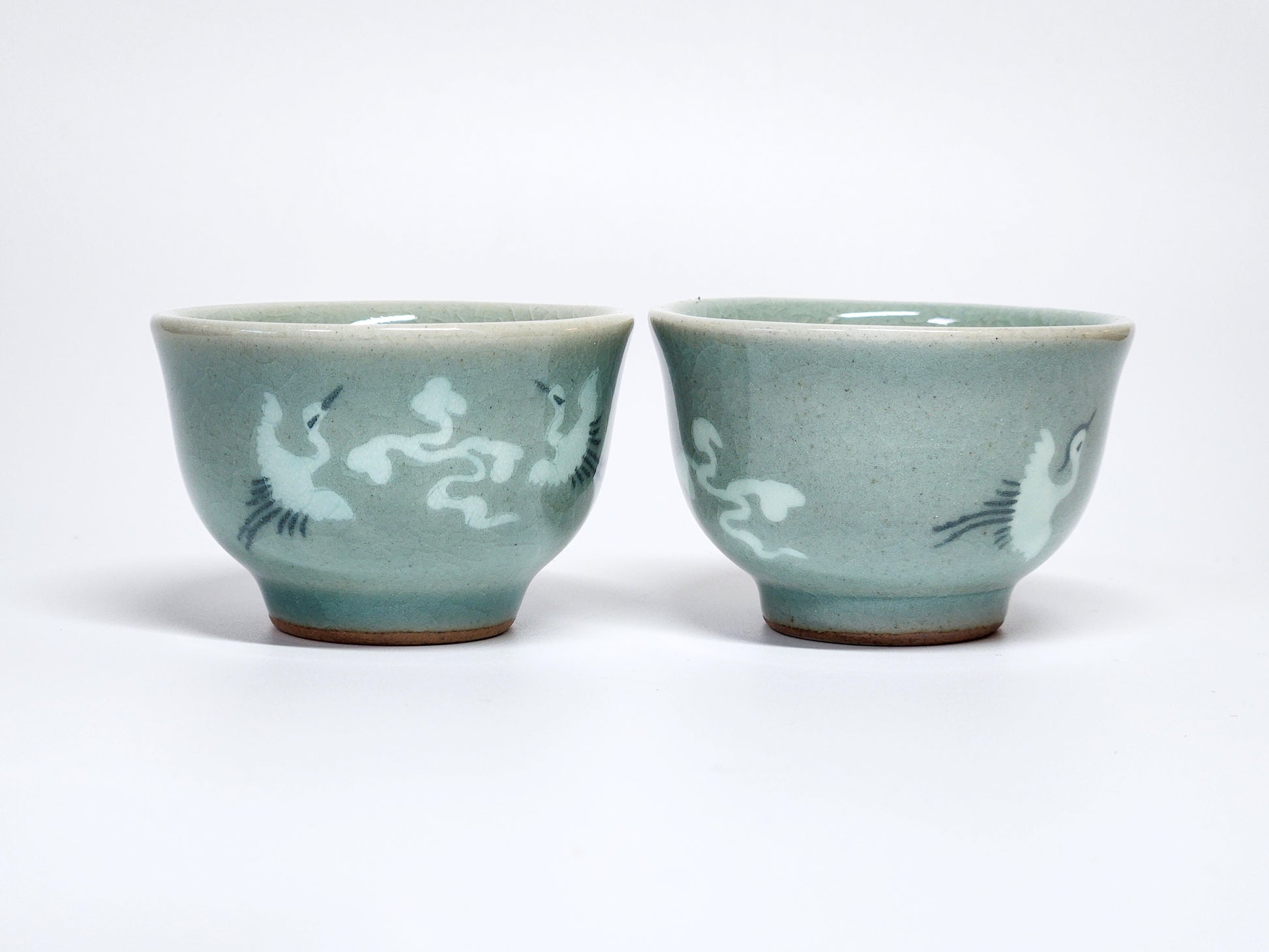 Korean Traditonal Handmade Celadon Pumpkin Shaped Kettle & Tea Cups Set with Inlaid Cranes