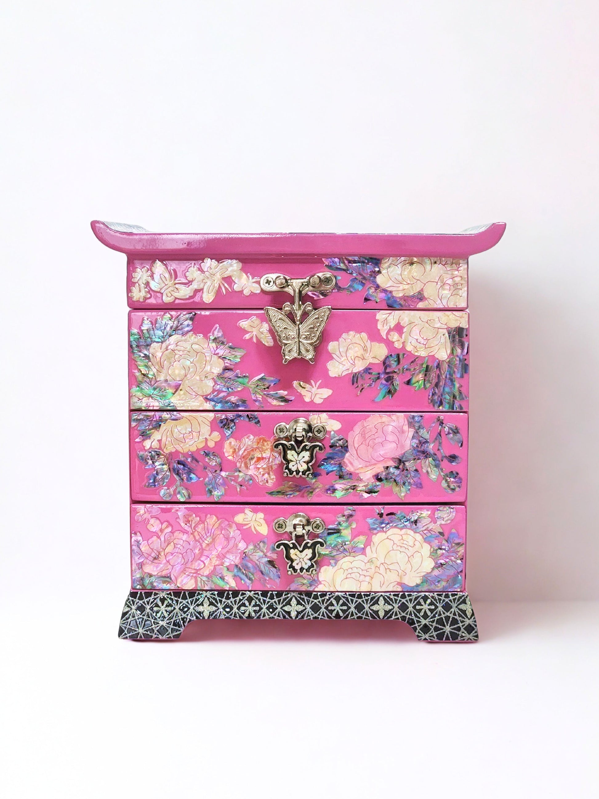 Korean Mother of Pearl Jewelry Box 2 drawers Peony and Butterlfy Birds Design Unique Gift ideas for Her Christams Birthday Wedding