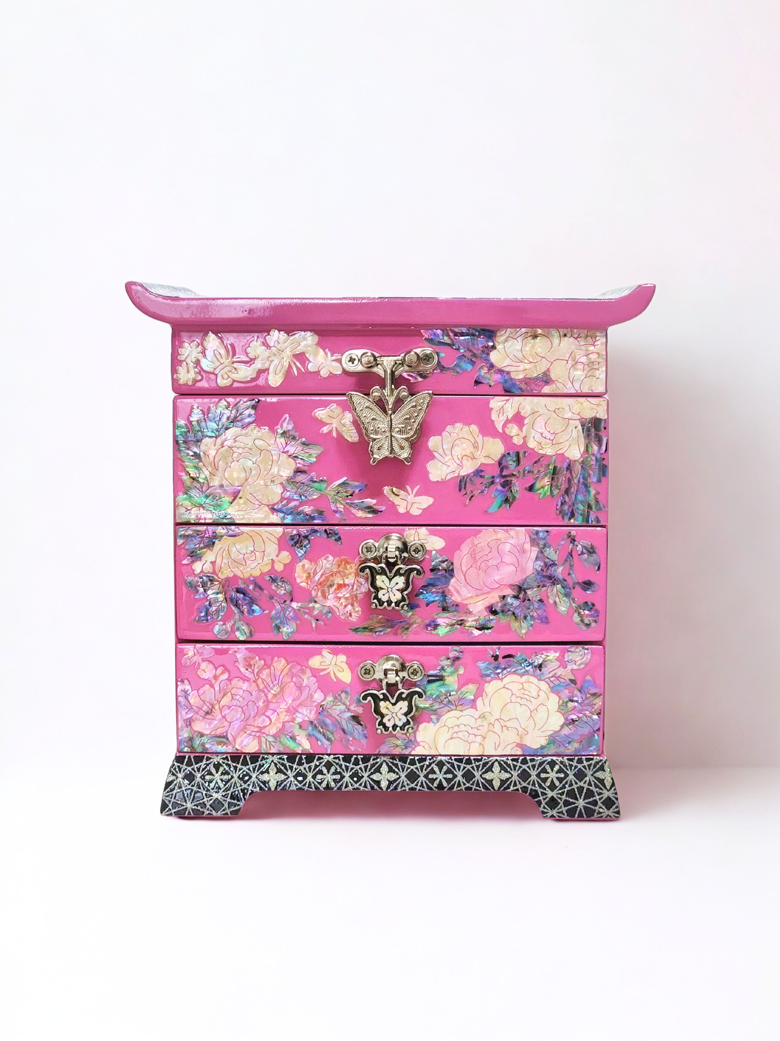 Korean Mother of Pearl Jewelry Box 2 drawers Peony and Butterfly