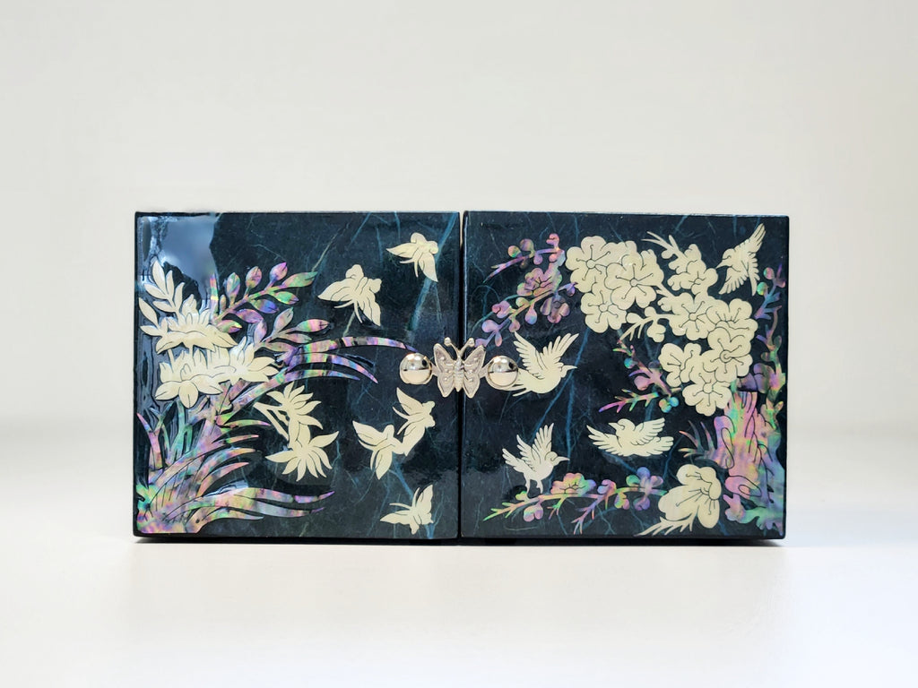 Korean Hanji Ssanghap (the Four Gracious Plants) blue secret mother of pearl jewelry box