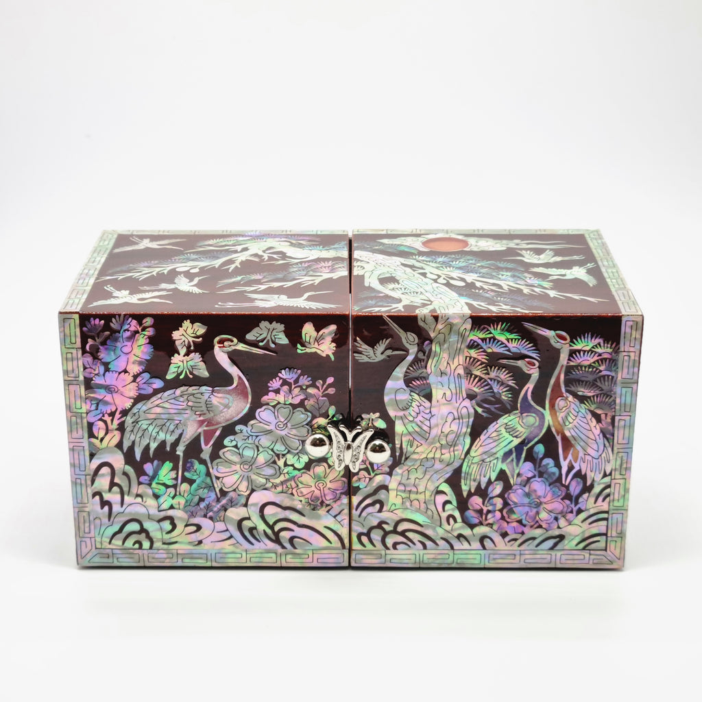 Korean stunning red songhaks mother-of-pearl jewelry box crane organizer box