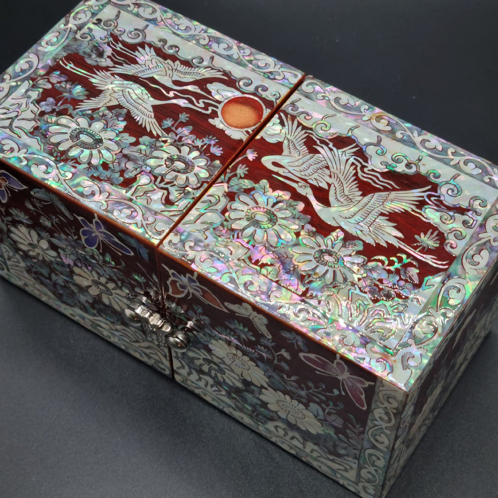 Korean red mother-of-pearl rose jewelry box flowers crane organizer box