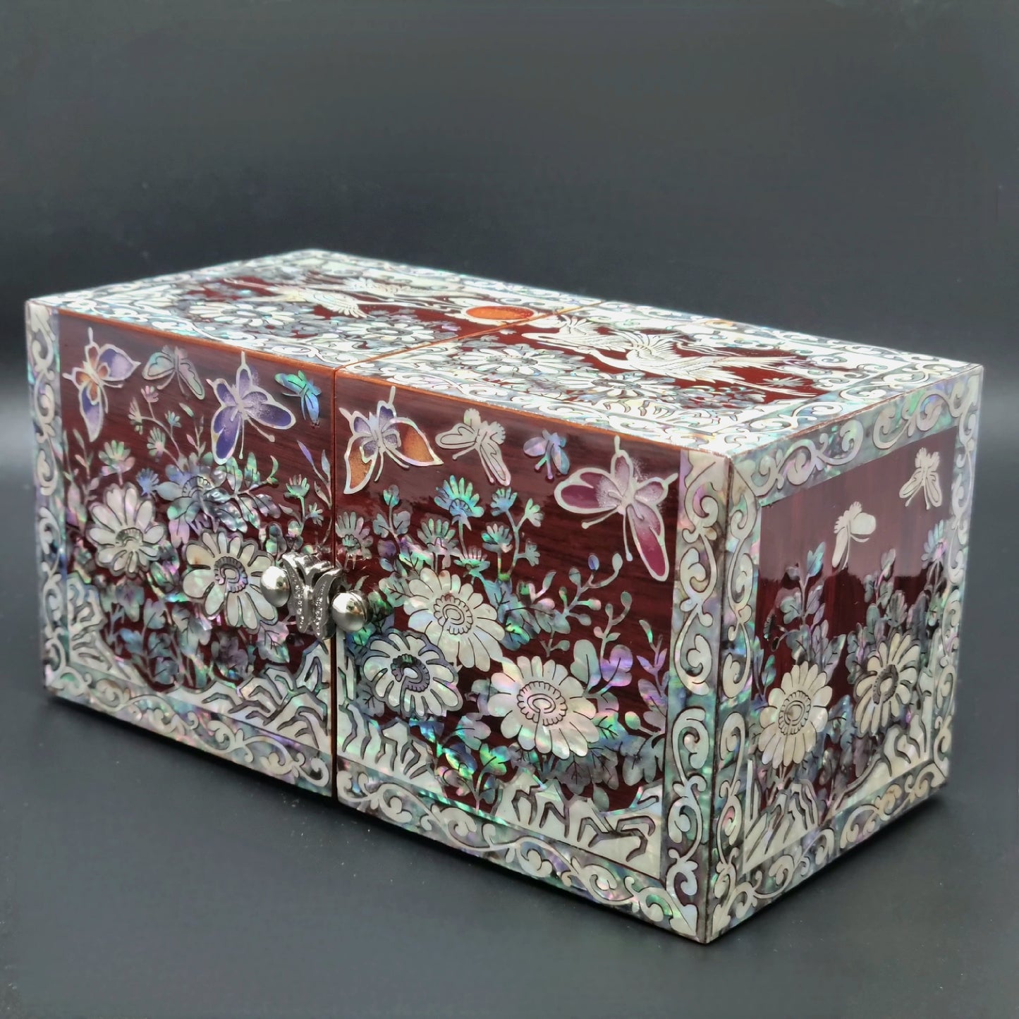 Korean red mother-of-pearl rose jewelry box flowers crane organizer box