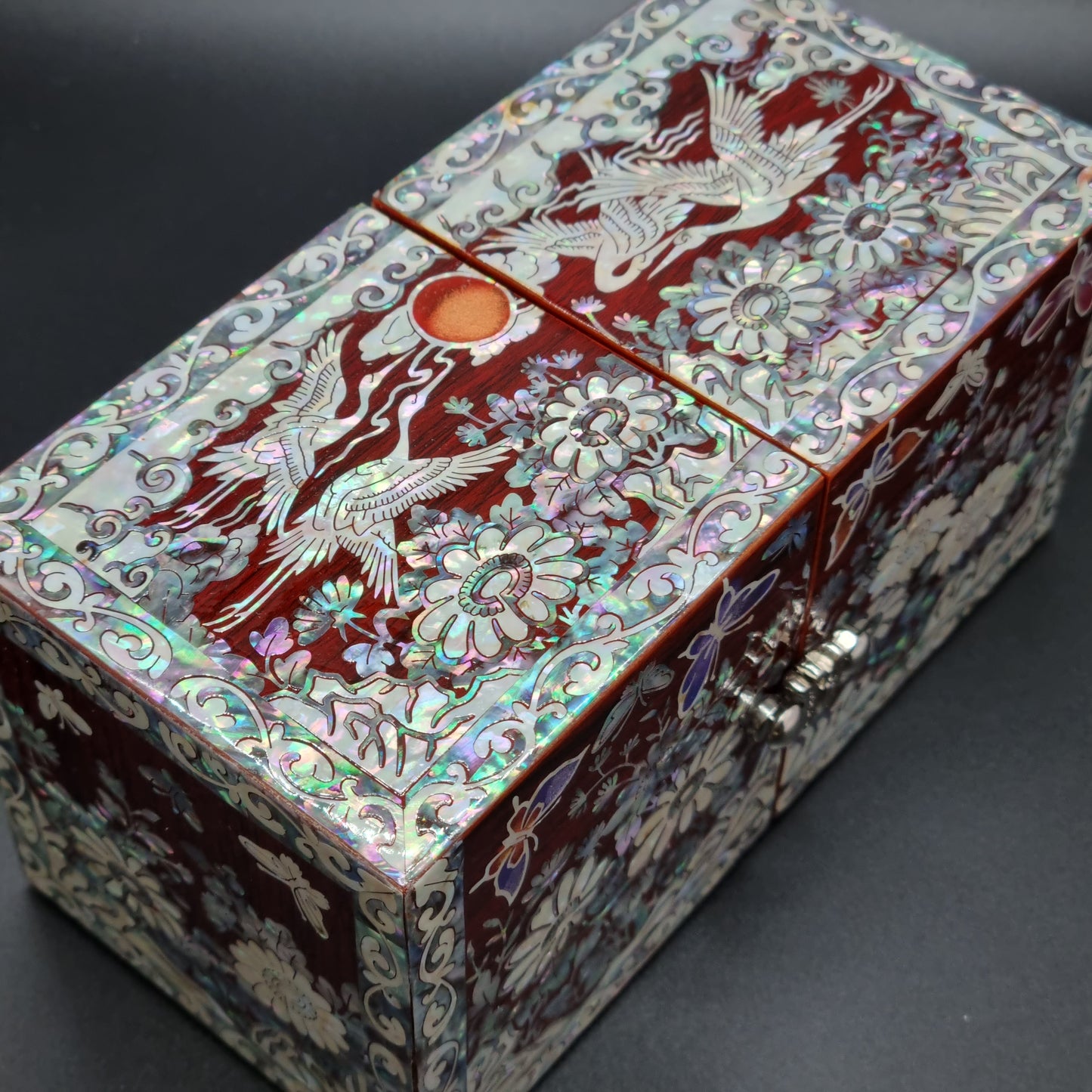 Korean red mother-of-pearl rose jewelry box flowers crane organizer box