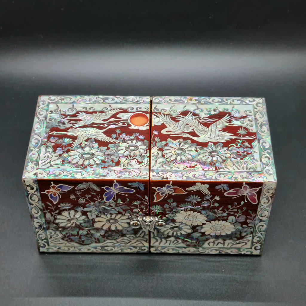 Korean red mother-of-pearl rose jewelry box flowers crane organizer box