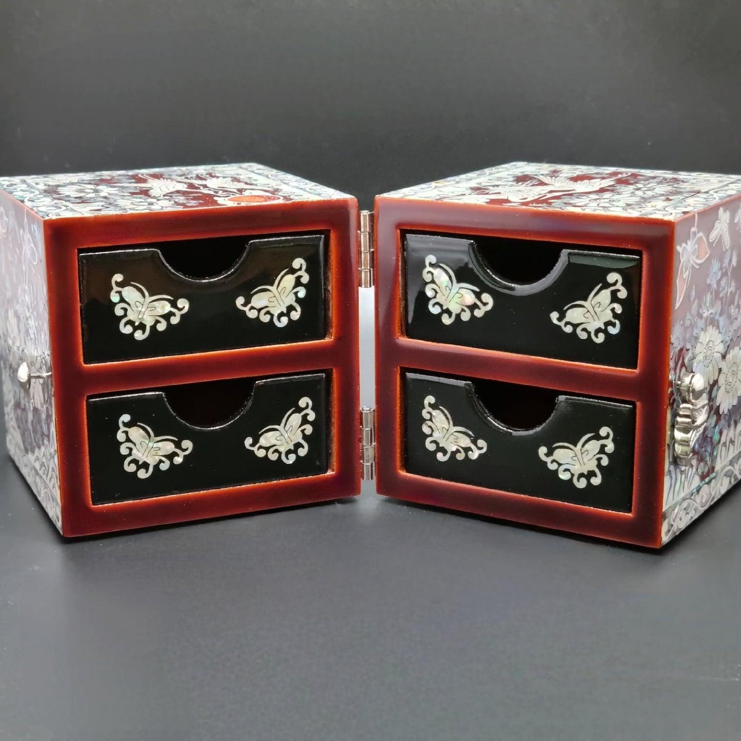 Korean red mother-of-pearl rose jewelry box flowers crane organizer box