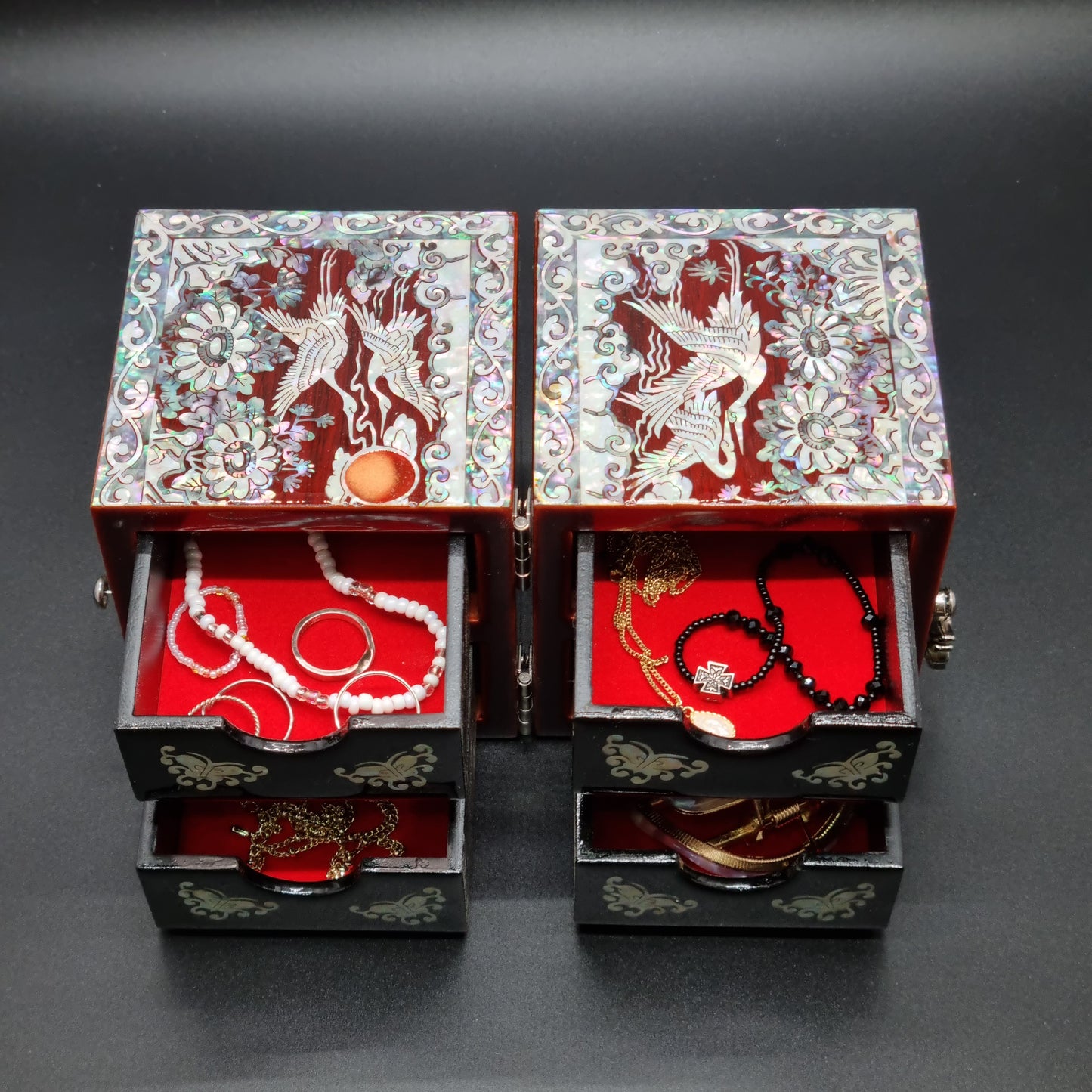 Korean red mother-of-pearl rose jewelry box flowers crane organizer box