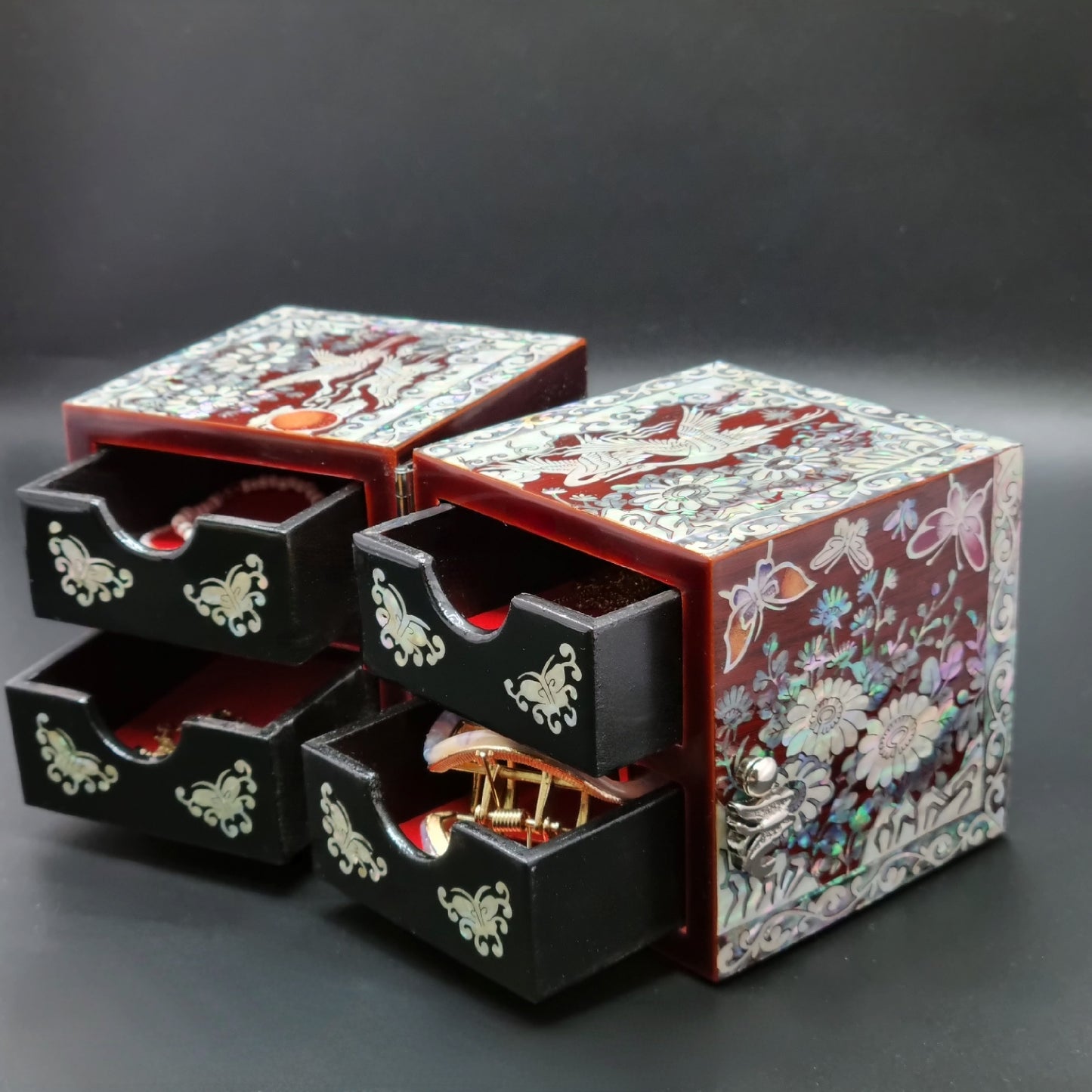 Korean red mother-of-pearl rose jewelry box flowers crane organizer box