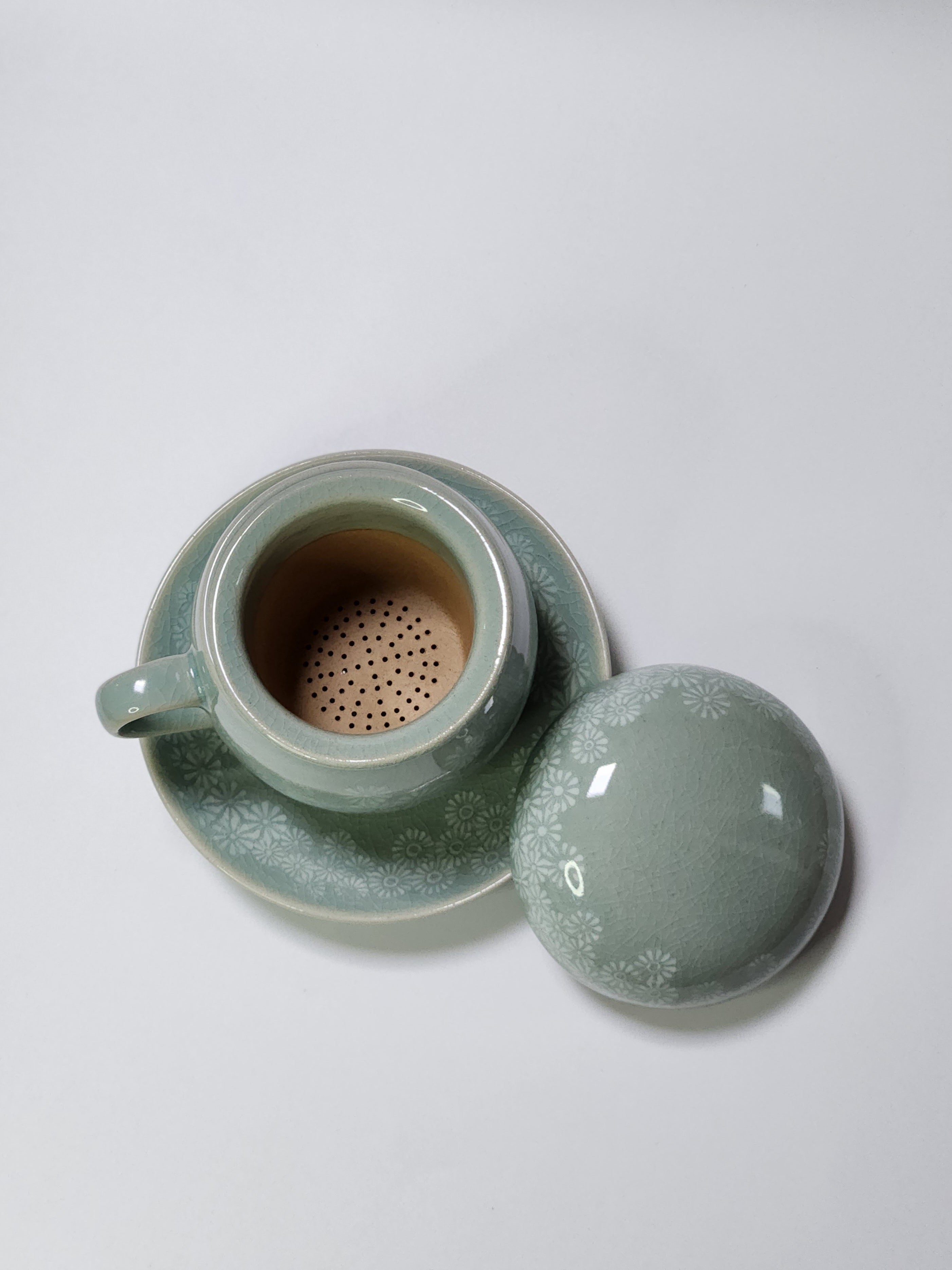 Korean Celadon tea cup set of sold two with strainer