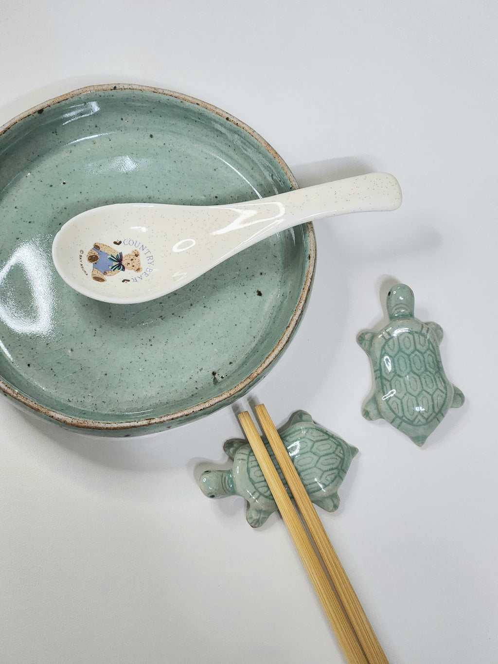 Korean Traditional Celadon Turtle Spoon and Chopsticks Rest 2P set