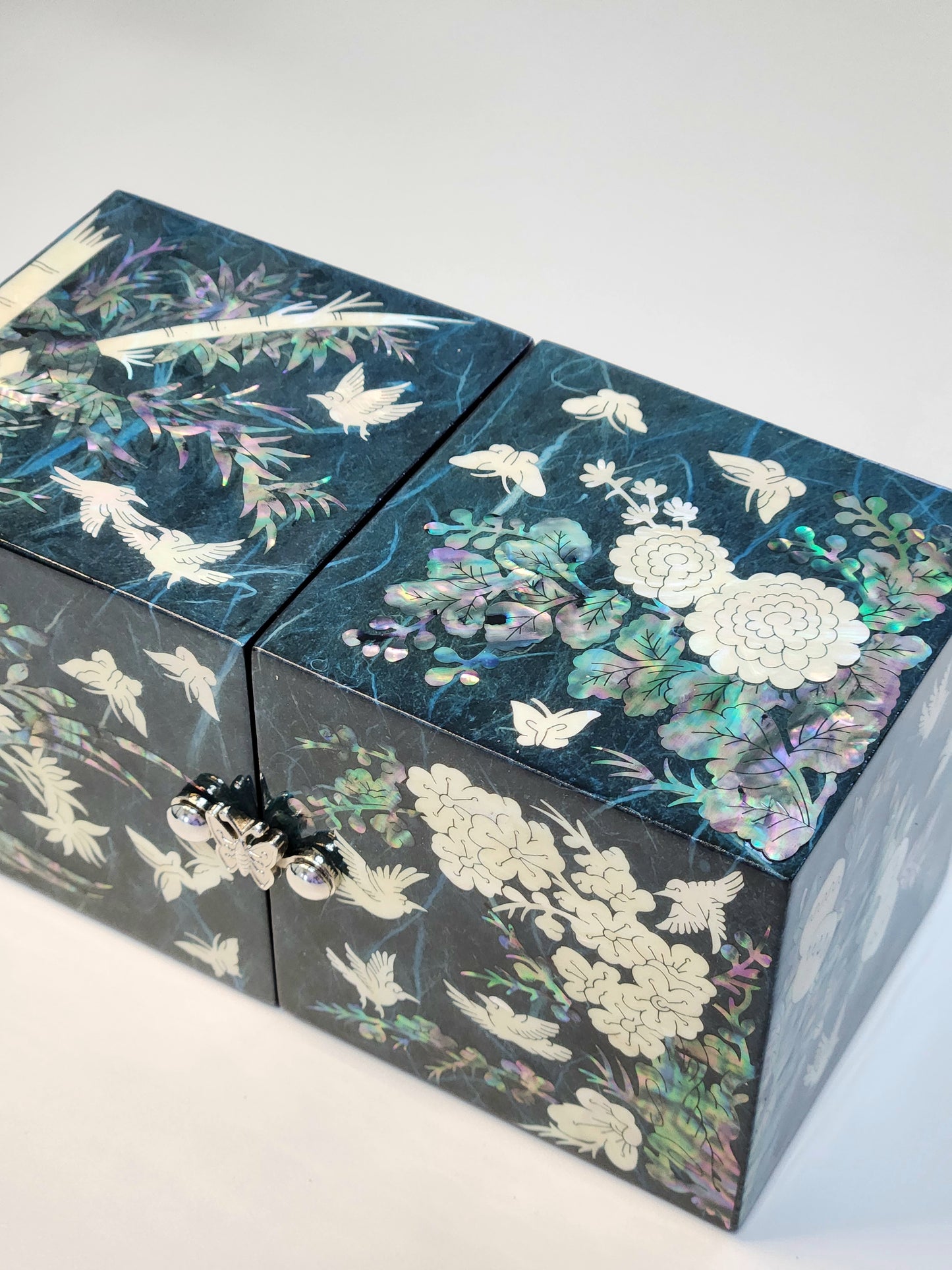 Korean Hanji Ssanghap (the Four Gracious Plants) blue secret mother of pearl jewelry box