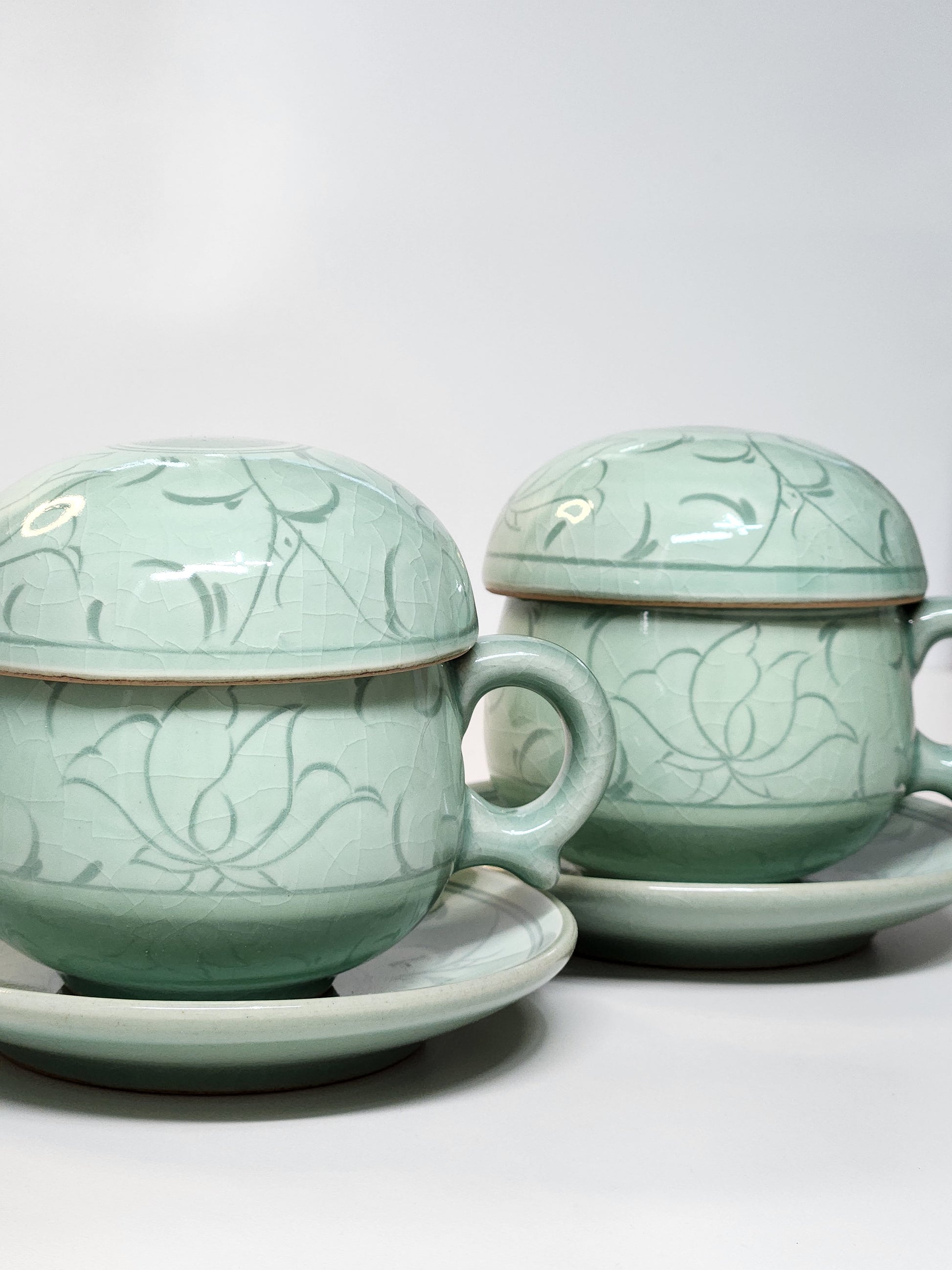 Korean celadon white inlay dangcho tea cup set (2p set)