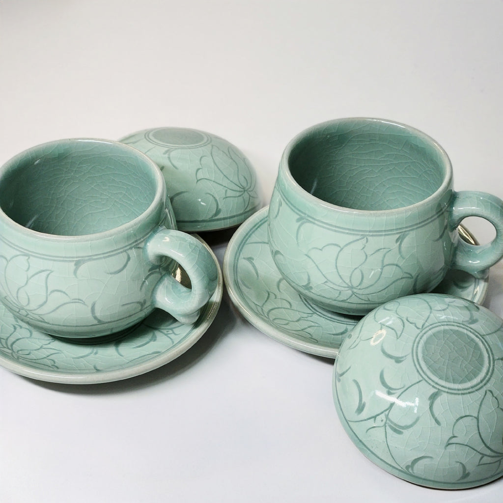Korean celadon white inlay dangcho tea cup set (2p set)