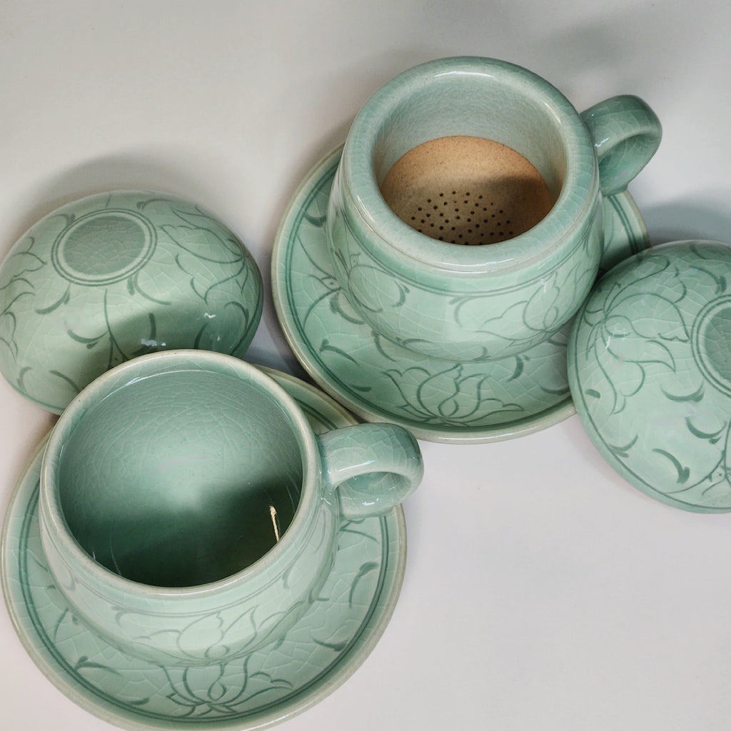 Korean celadon white inlay dangcho tea cup set (2p set)