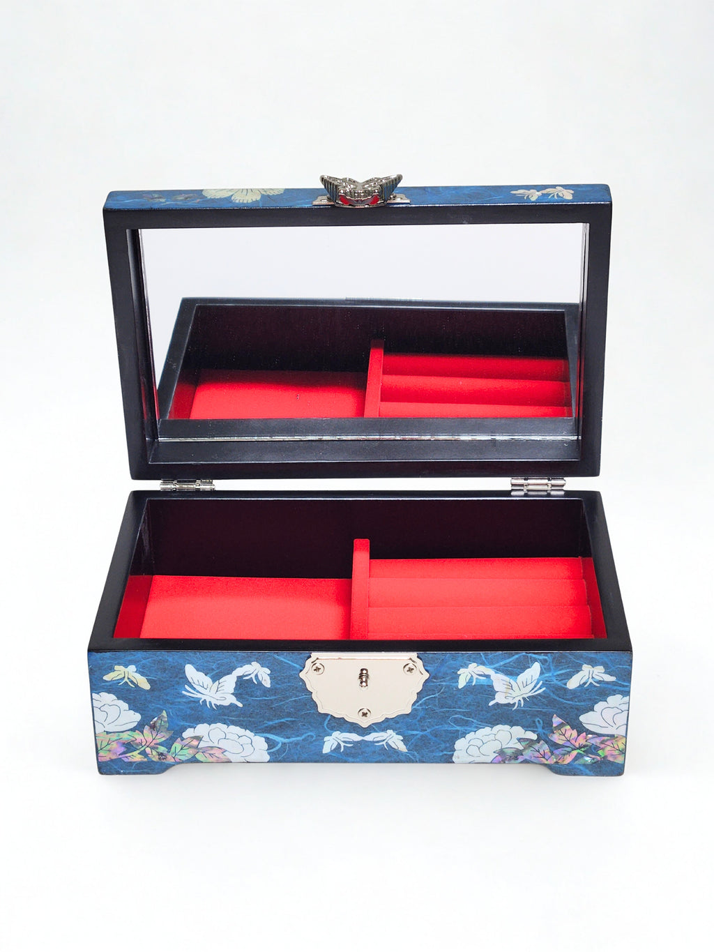 Korean Peony Blue Hanji Jewelry Box made of Mother Of Pearl