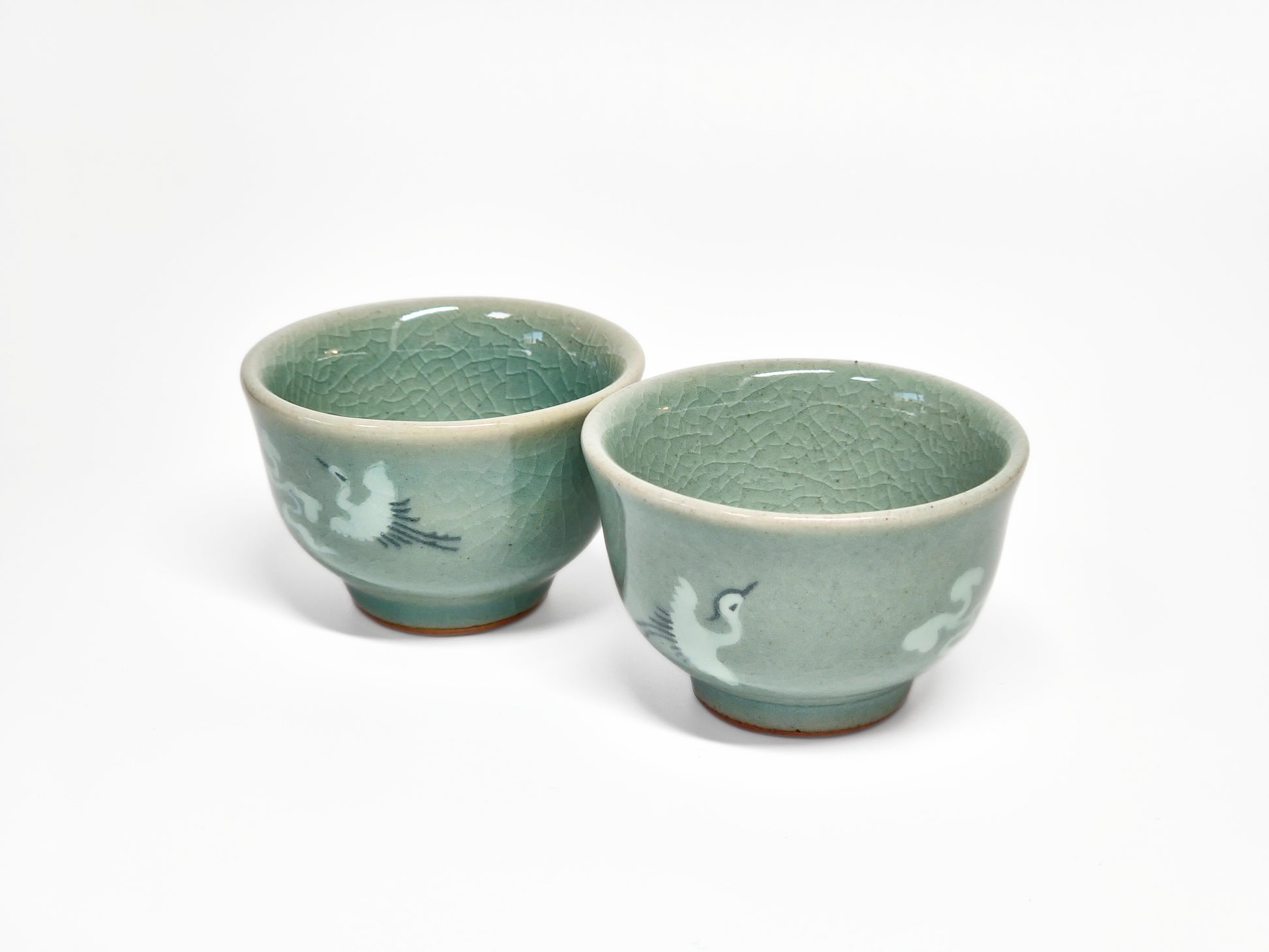 Korean Traditonal Handmade Celadon Pumpkin Shaped Kettle & Tea Cups Set with Inlaid Cranes