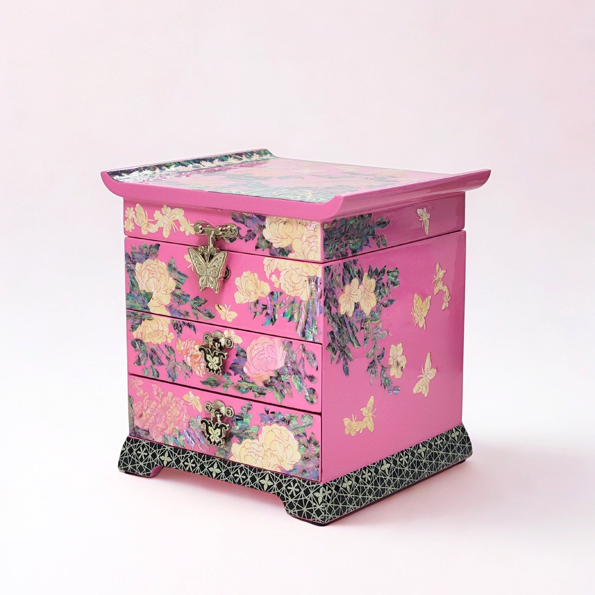 Korean Mother of Pearl Jewelry Box 2 drawers Peony and Butterlfy Birds Design Unique Gift ideas for Her Christams Birthday Wedding