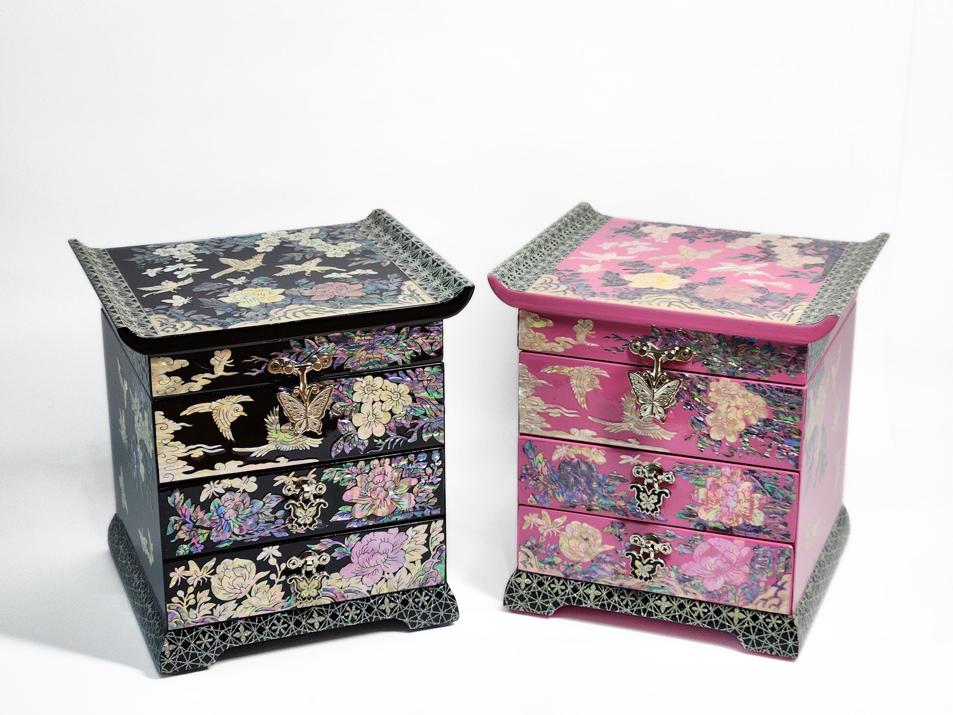 Korean Mother of Pearl Jewelry Box 2 drawers Peony and Butterlfy Birds Design Unique Gift ideas for Her Christams Birthday Wedding