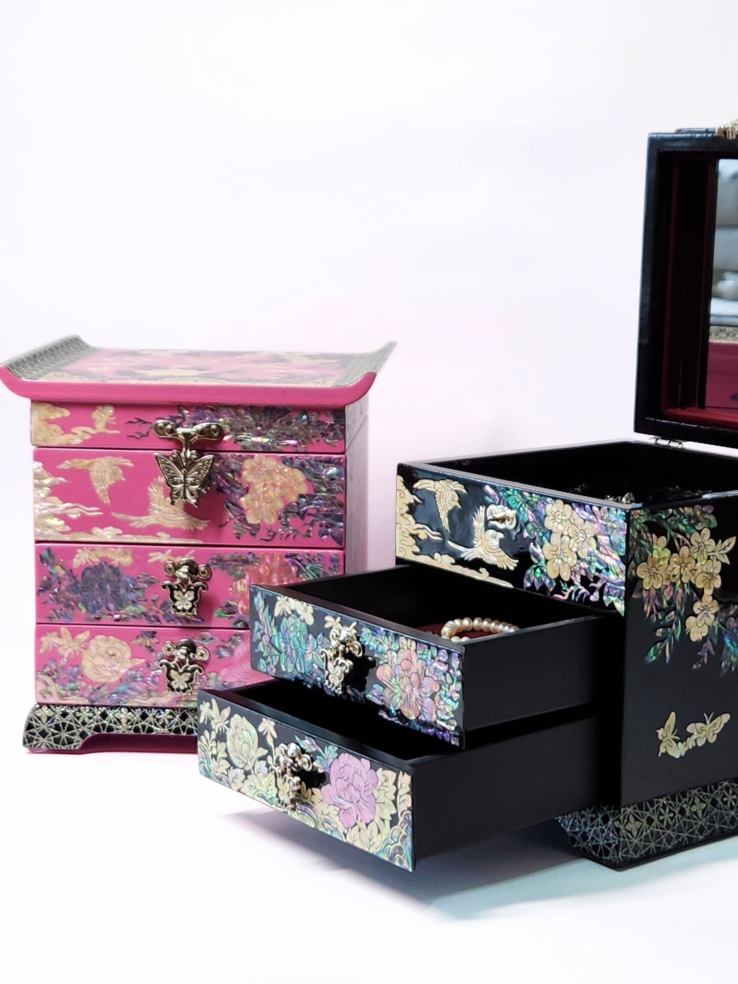 Korean Mother of Pearl Jewelry Box 2 drawers Peony and Butterlfy Birds Design Unique Gift ideas for Her Christams Birthday Wedding