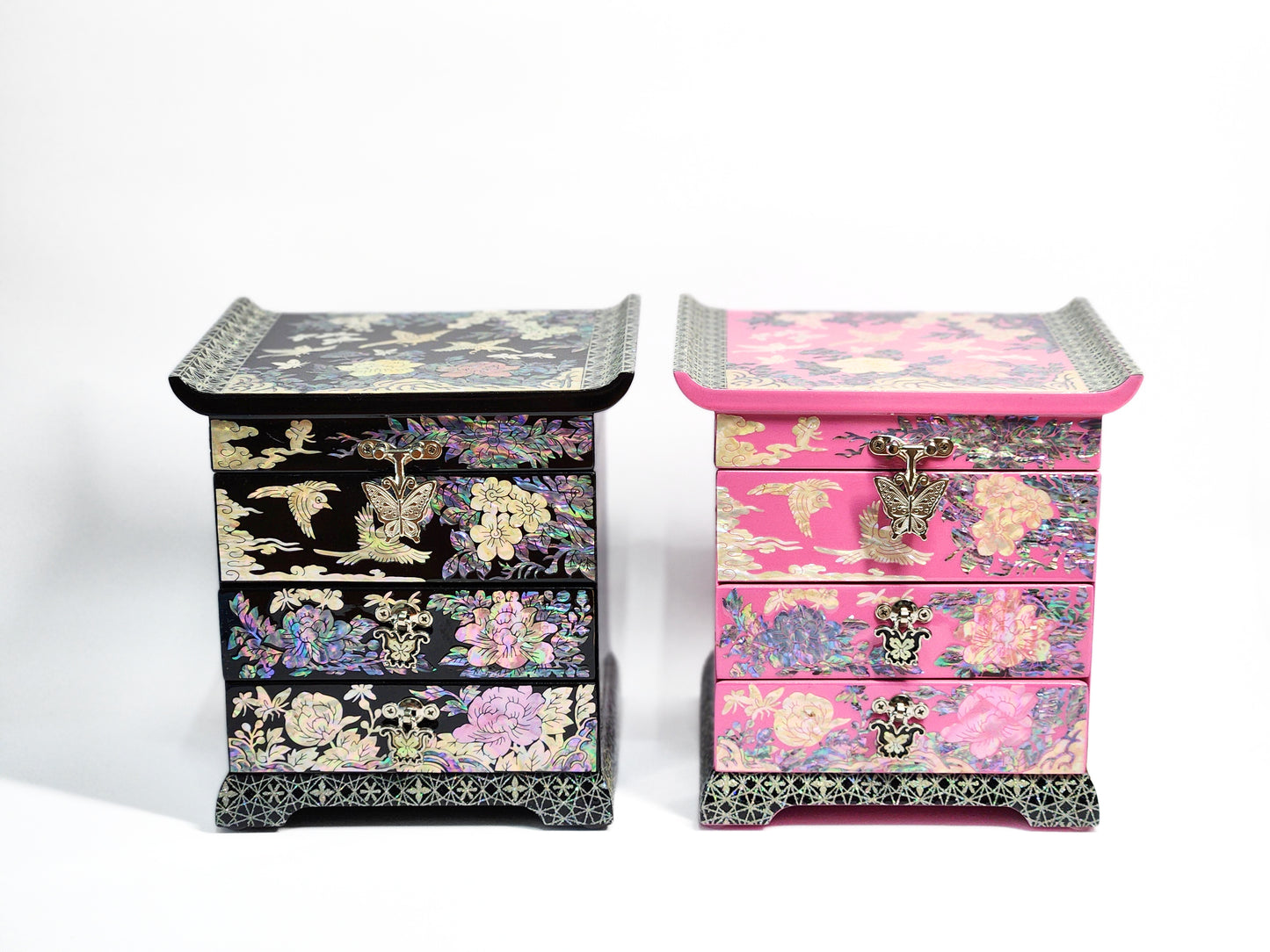 Korean Mother of Pearl Jewelry Box 2 drawers Peony and Butterlfy Birds Design Unique Gift ideas for Her Christams Birthday Wedding