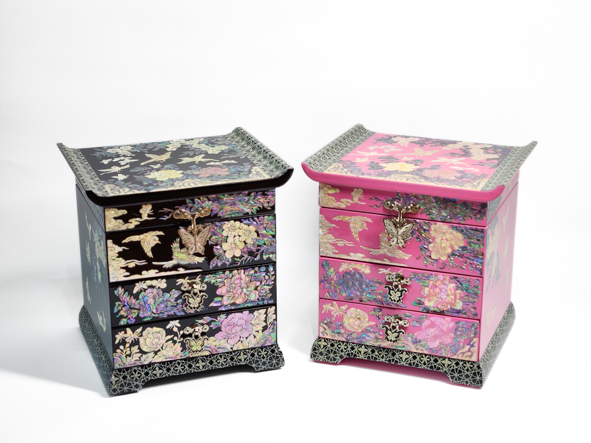Korean Mother of Pearl Jewelry Box 2 drawers Peony and Butterlfy Birds Design Unique Gift ideas for Her Christams Birthday Wedding