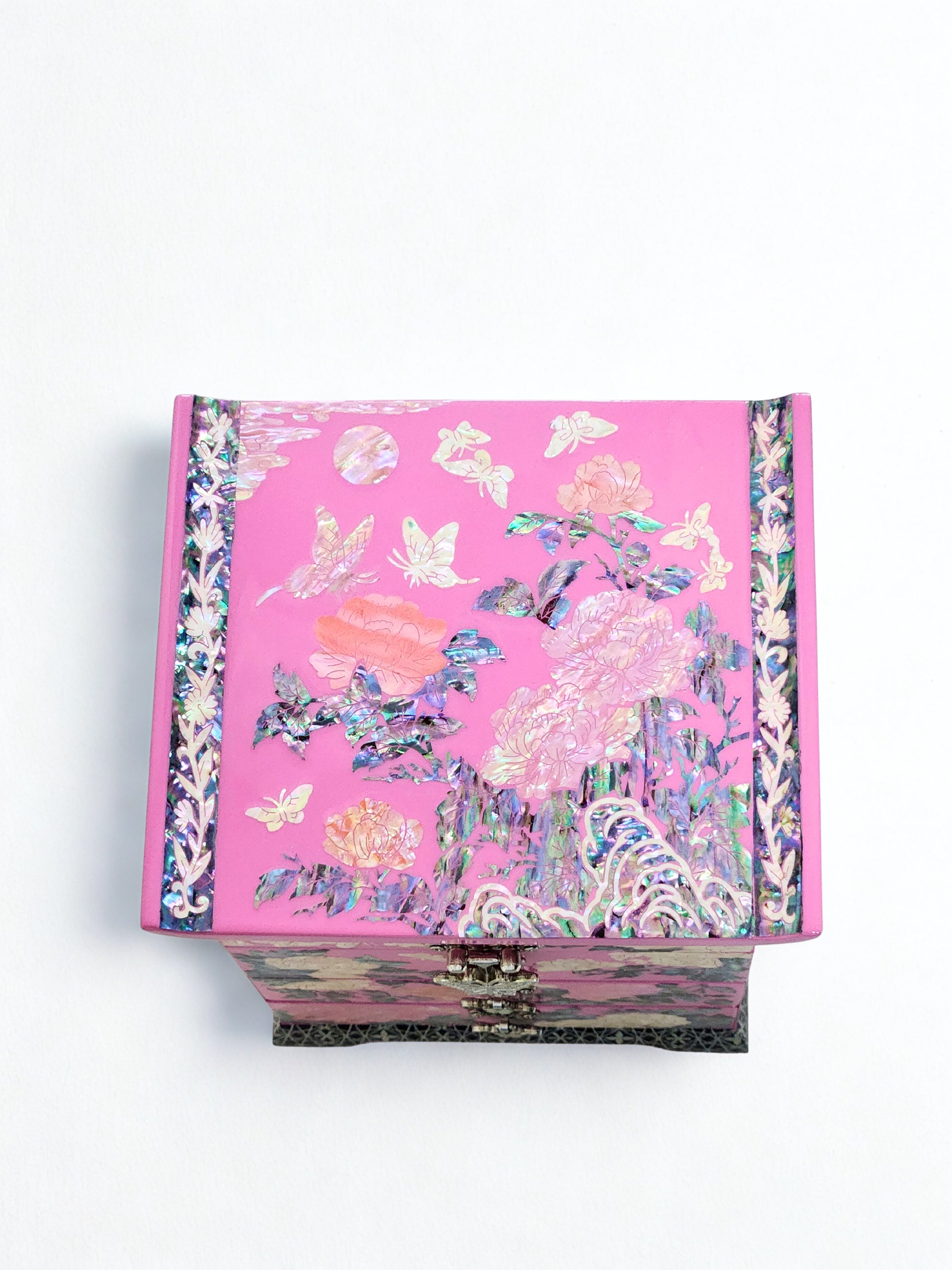 Korean Mother of Pearl Jewelry Box 2 drawers Peony and Butterlfy Birds Design Unique Gift ideas for Her Christams Birthday Wedding