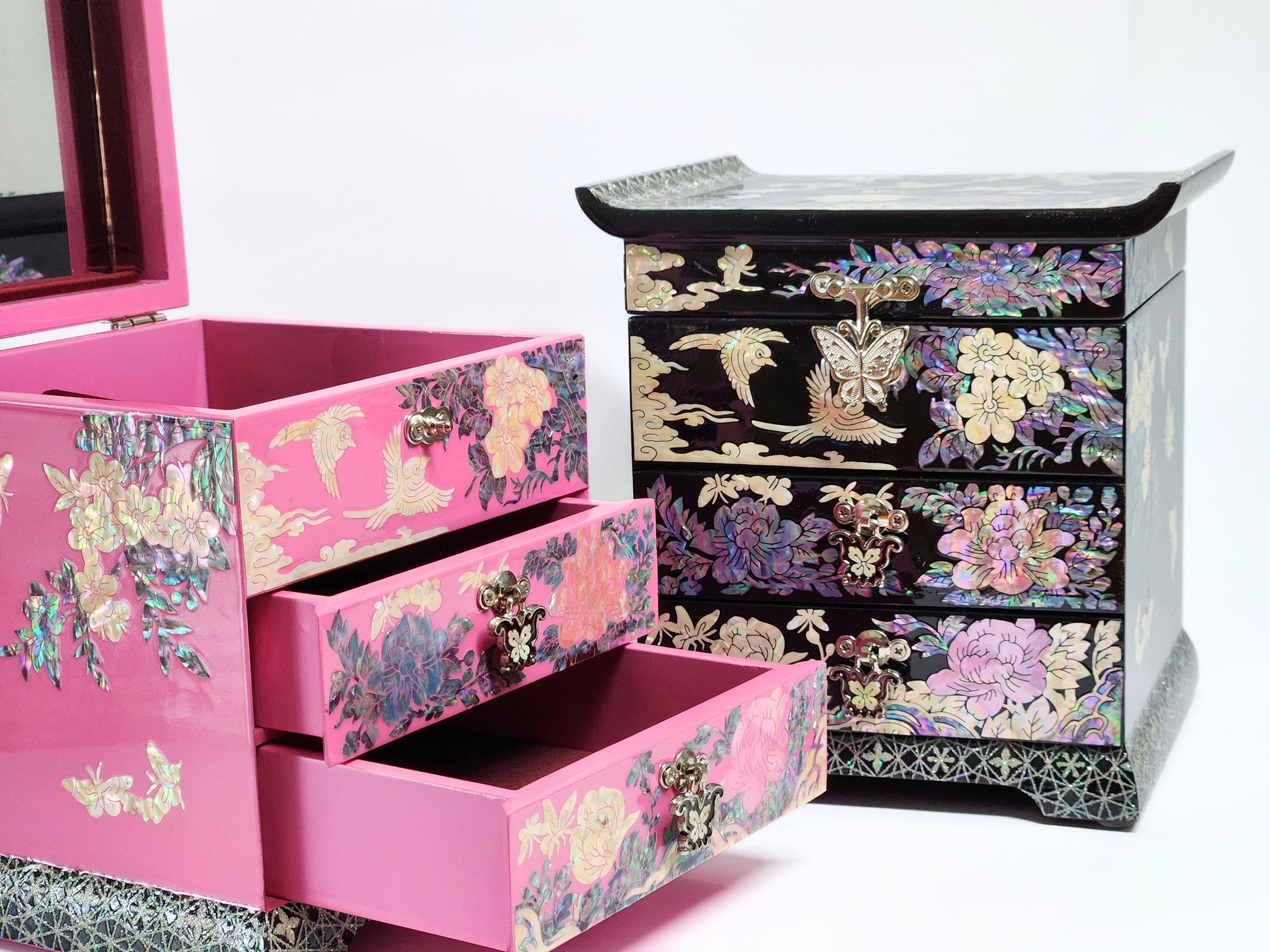 Korean Mother of Pearl Jewelry Box 2 drawers Peony and Butterlfy Birds Design Unique Gift ideas for Her Christams Birthday Wedding
