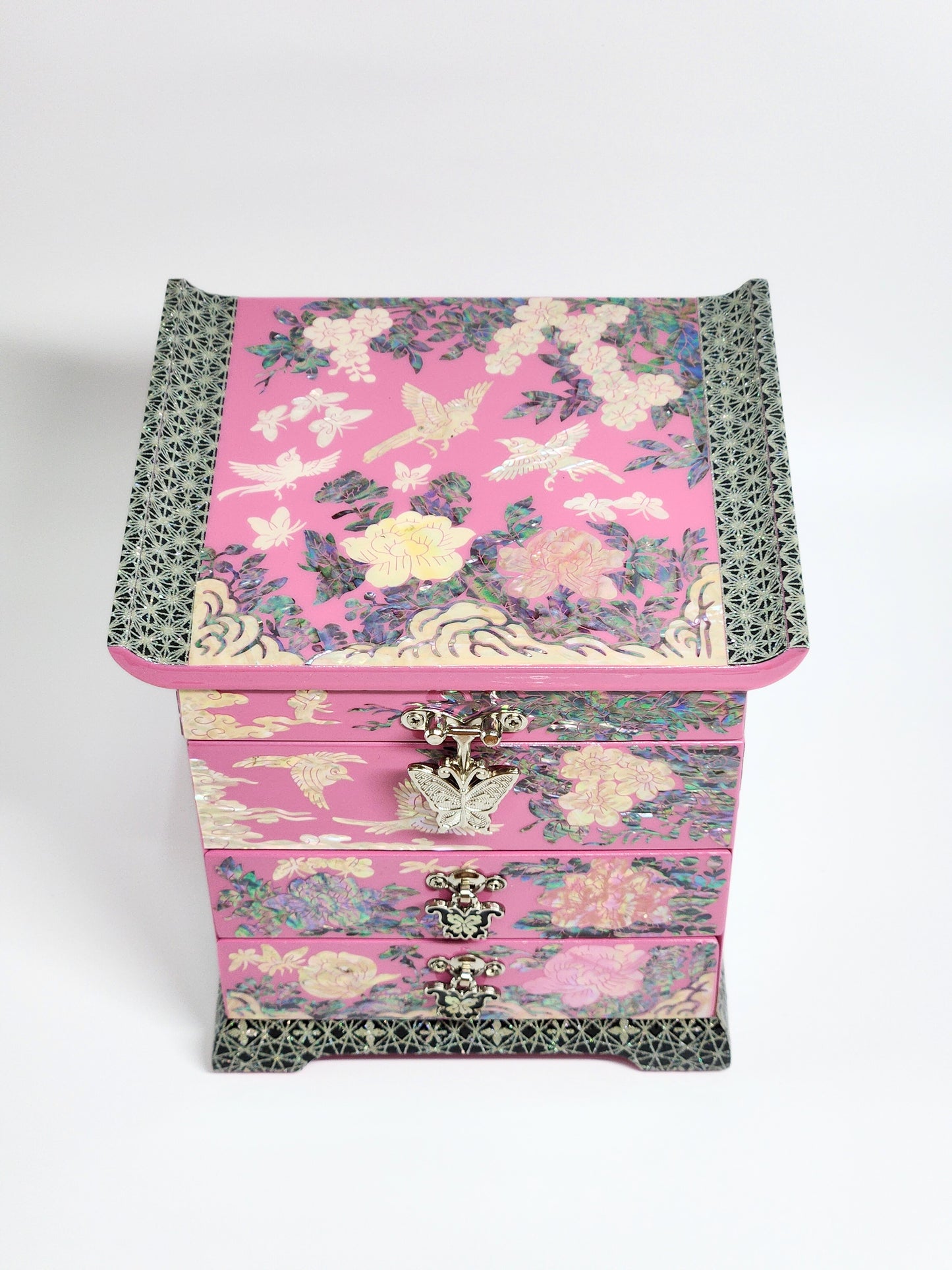 Korean Mother of Pearl Jewelry Box 2 drawers Peony and Butterlfy Birds Design Unique Gift ideas for Her Christams Birthday Wedding