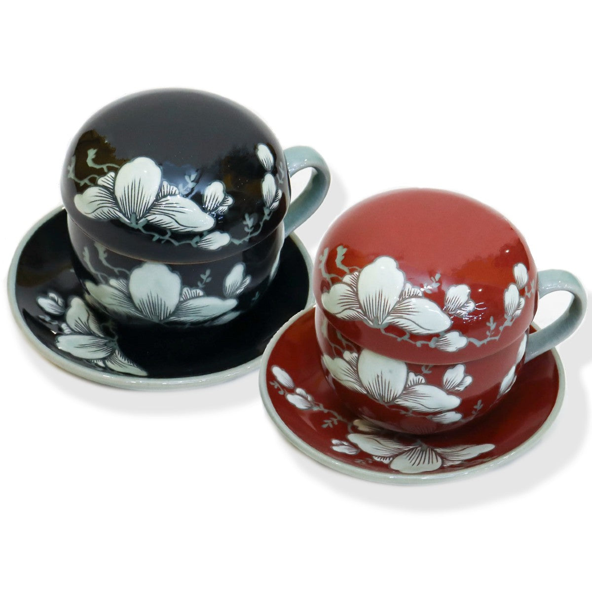 Korean traditional tea set with magnolia pattern Red/ Black