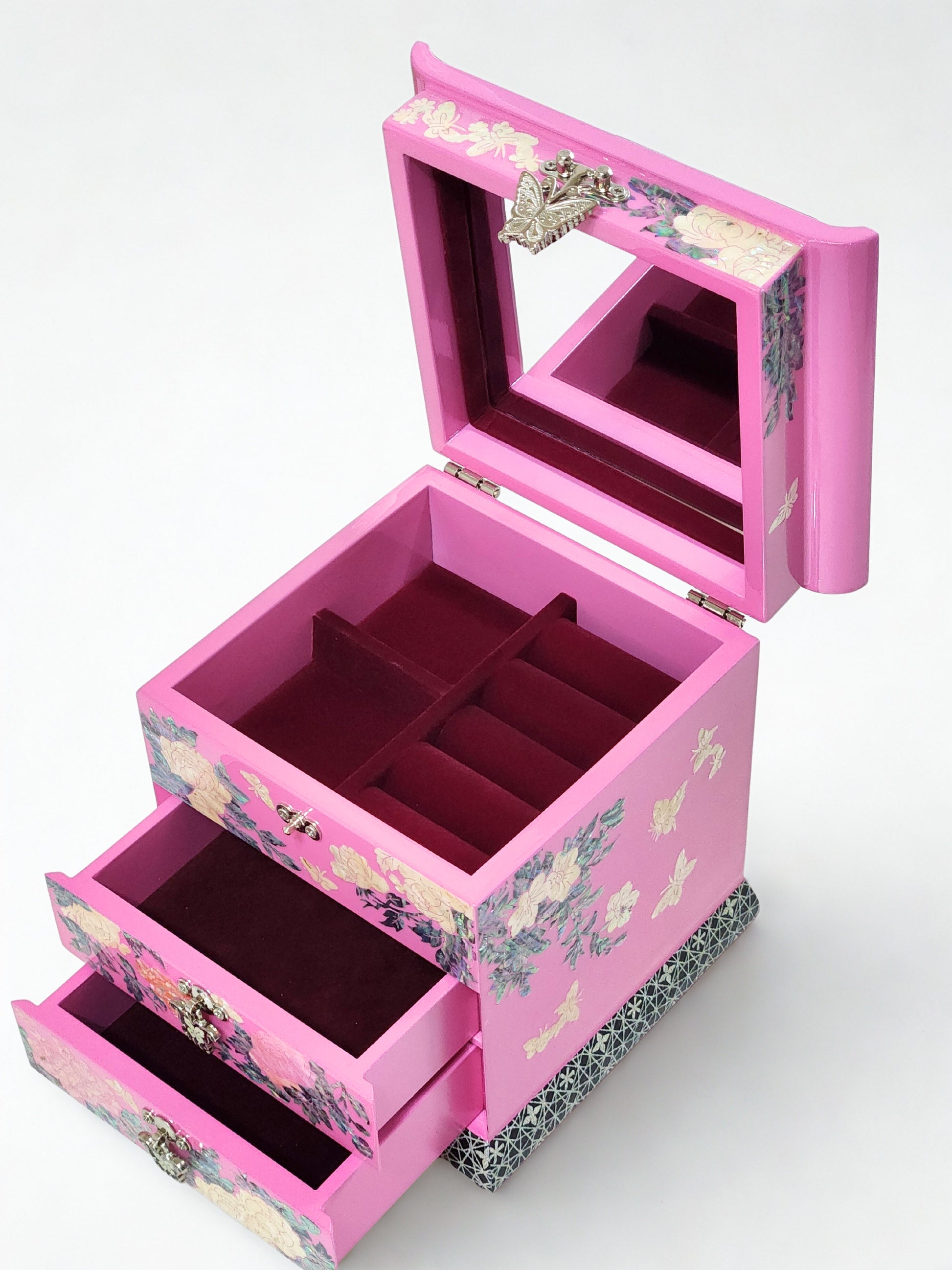 Korean Mother of Pearl Jewelry Box 2 drawers Peony and Butterlfy Birds Design Unique Gift ideas for Her Christams Birthday Wedding