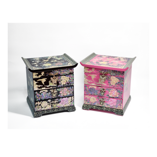 Korean Mother of Pearl Jewelry Box 2 drawers Peony and Butterlfy Birds Design Unique Gift ideas for Her Christams Birthday Wedding