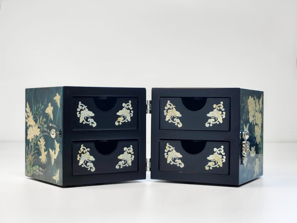 Korean Hanji Ssanghap (the Four Gracious Plants) blue secret mother of pearl jewelry box
