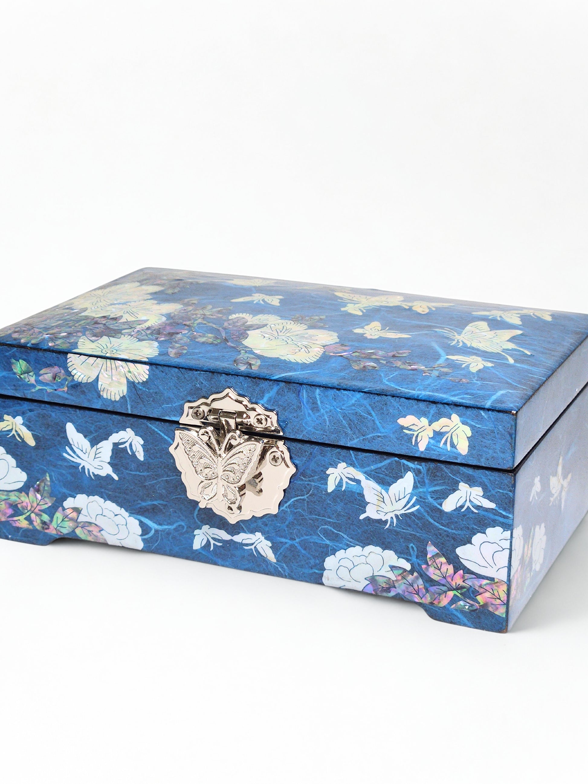 Korean Peony Blue Hanji Jewelry Box made of Mother Of Pearl