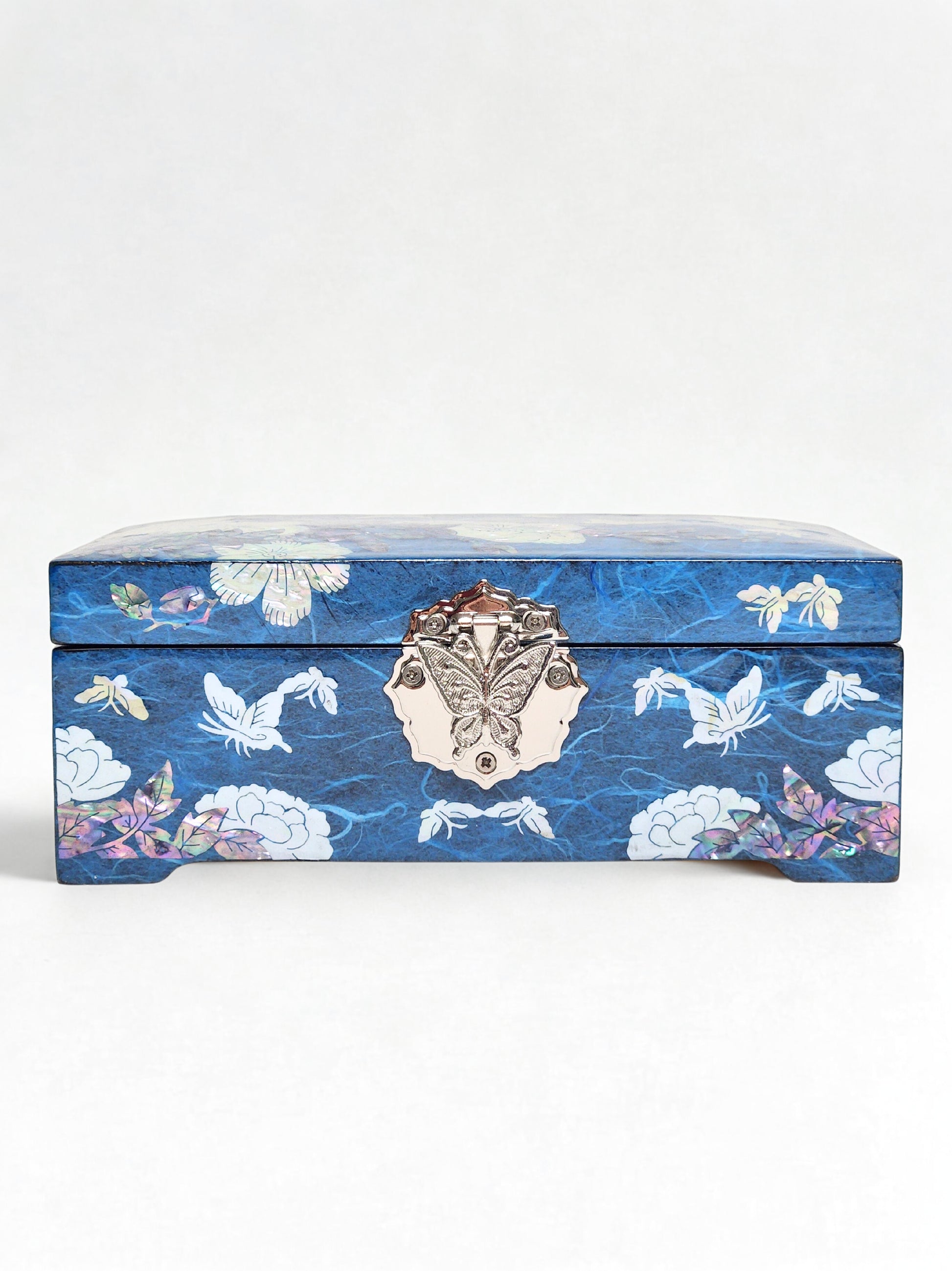 Korean Peony Blue Hanji Jewelry Box made of Mother Of Pearl