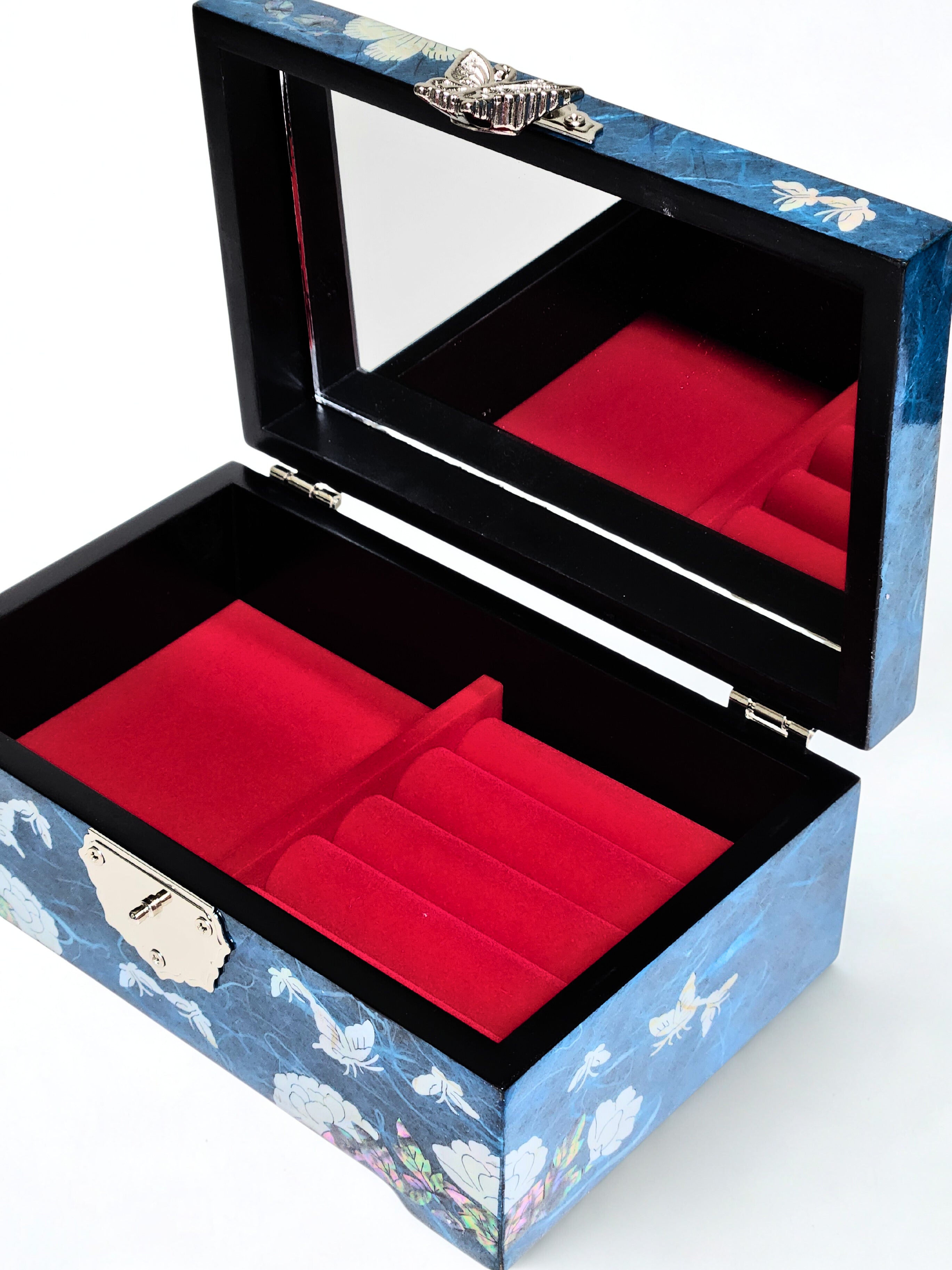 Korean Mother of Pearl Jewelry Box - Blue Hanji & Peony