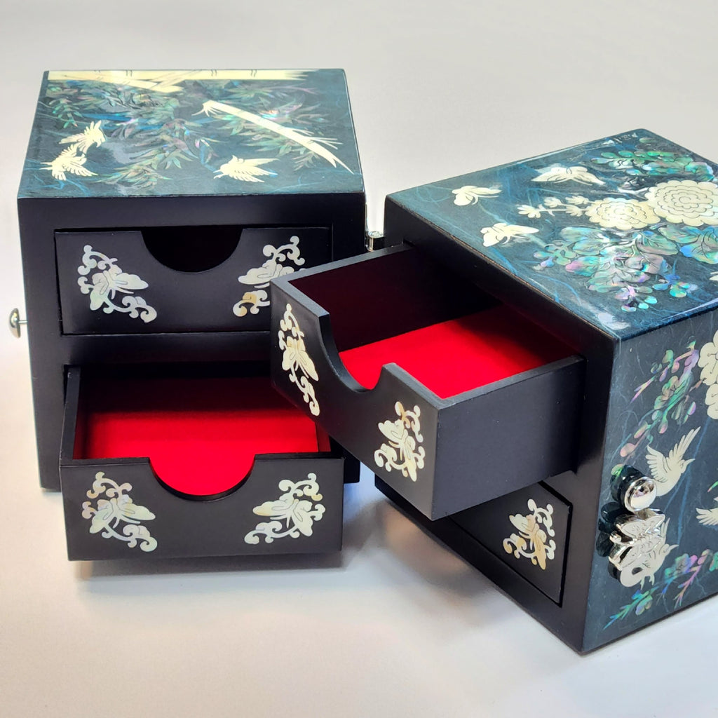 Korean Hanji Ssanghap (the Four Gracious Plants) blue secret mother of pearl jewelry box