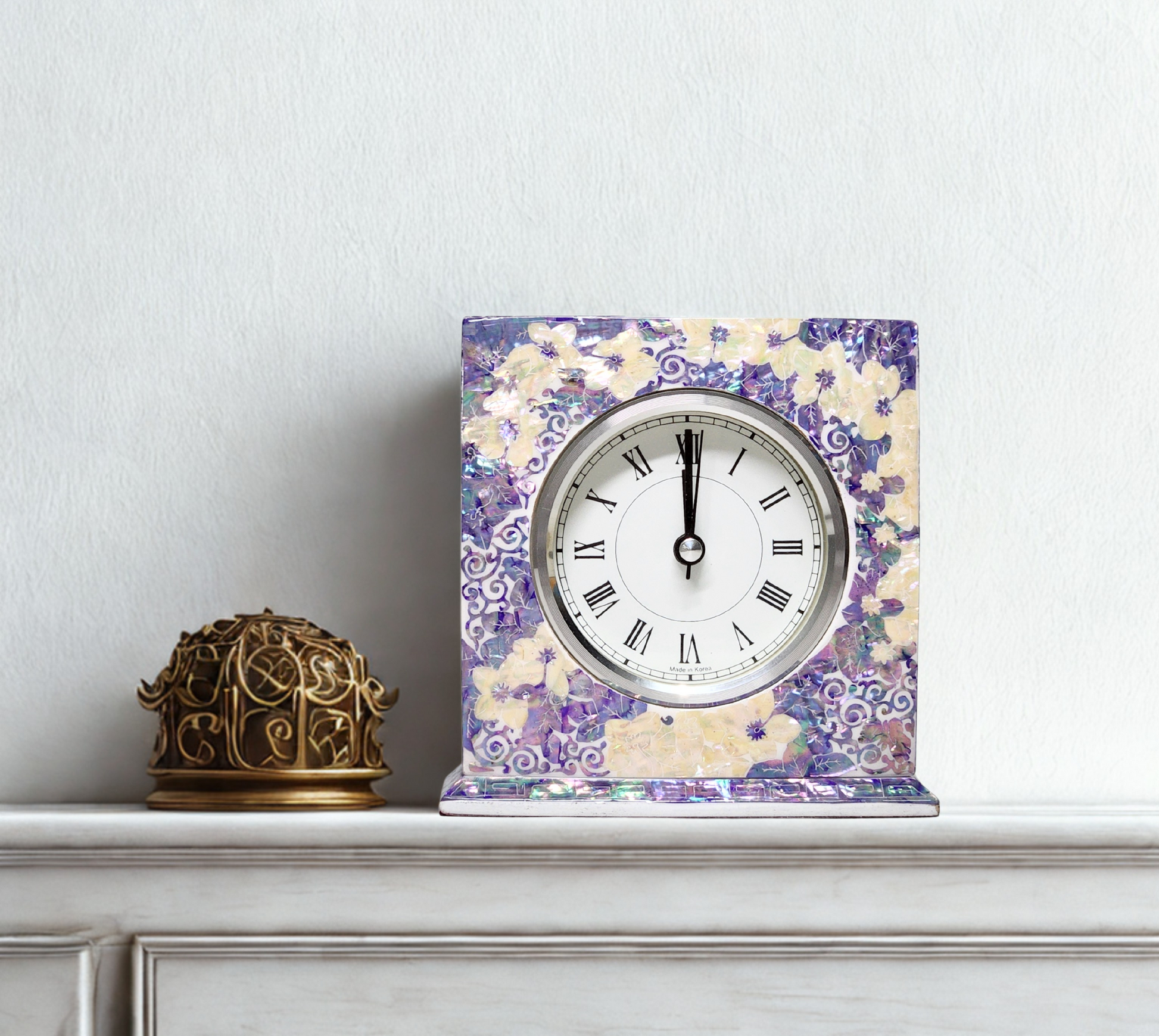Korean Luxurious Plum Table Clock Made of Mother Of Pearl, Office Desks, Bed Side Tables, and Bookshelves