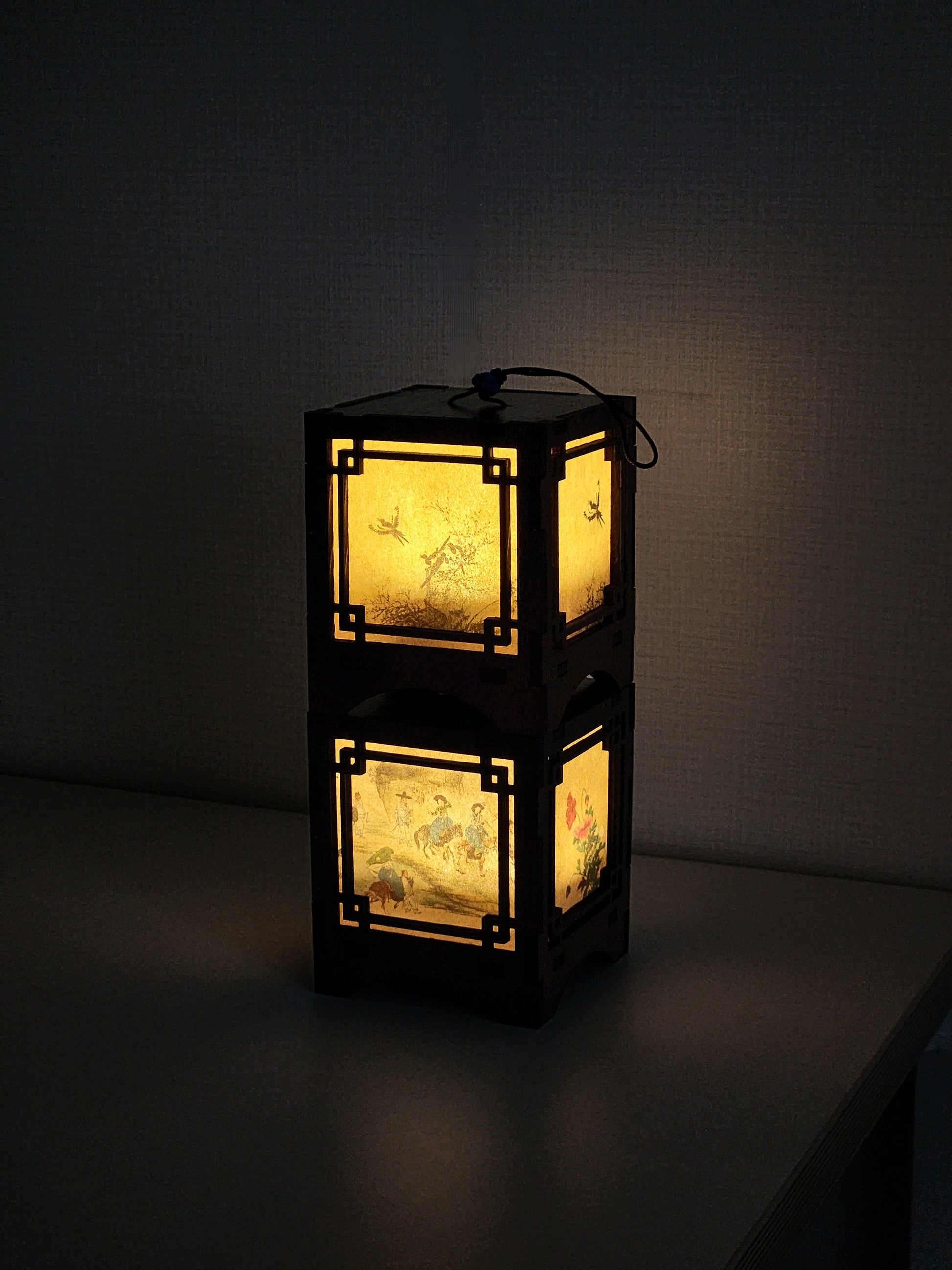 Traditional Korean Wood & Hanji Paper Lantern - Square Hanging Cordless Table Lamp (2 Styles)