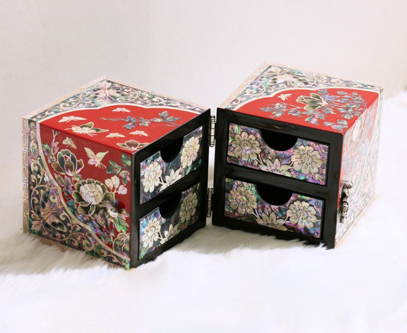 Red Mother of pearl Jewelry Box Najeon Lacquer Two stage mother of pearl box