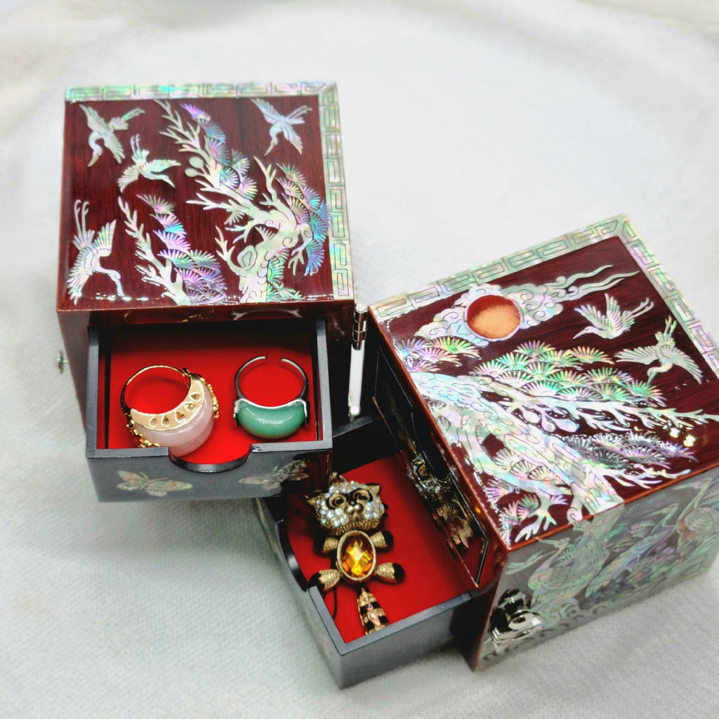 Korean stunning red songhaks mother-of-pearl jewelry box crane organizer box