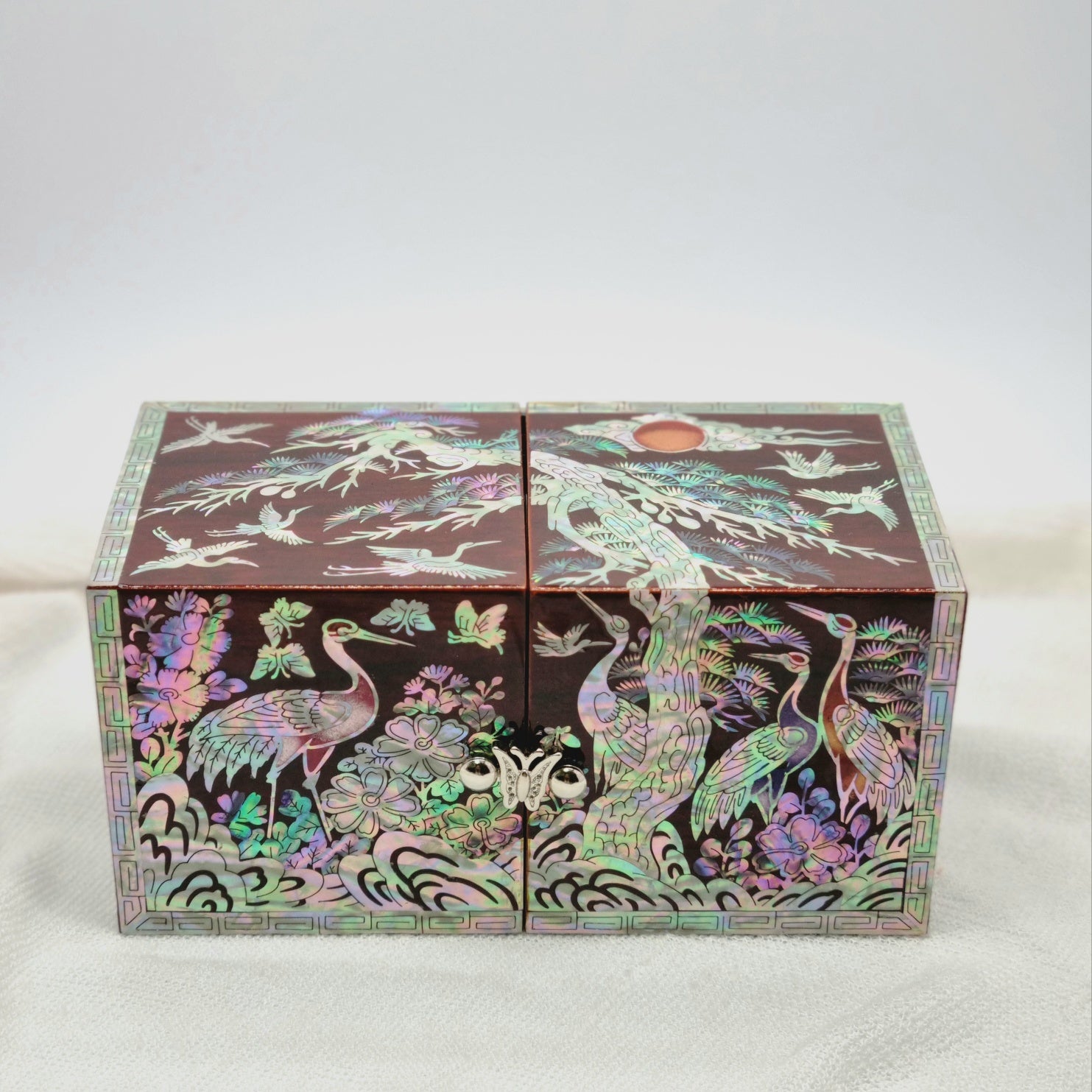 Korean stunning red songhaks mother-of-pearl jewelry box crane organizer box