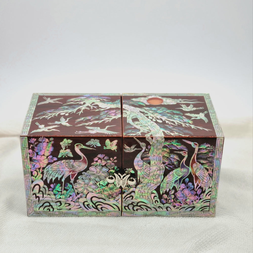 Korean stunning red songhaks mother-of-pearl jewelry box crane organizer box
