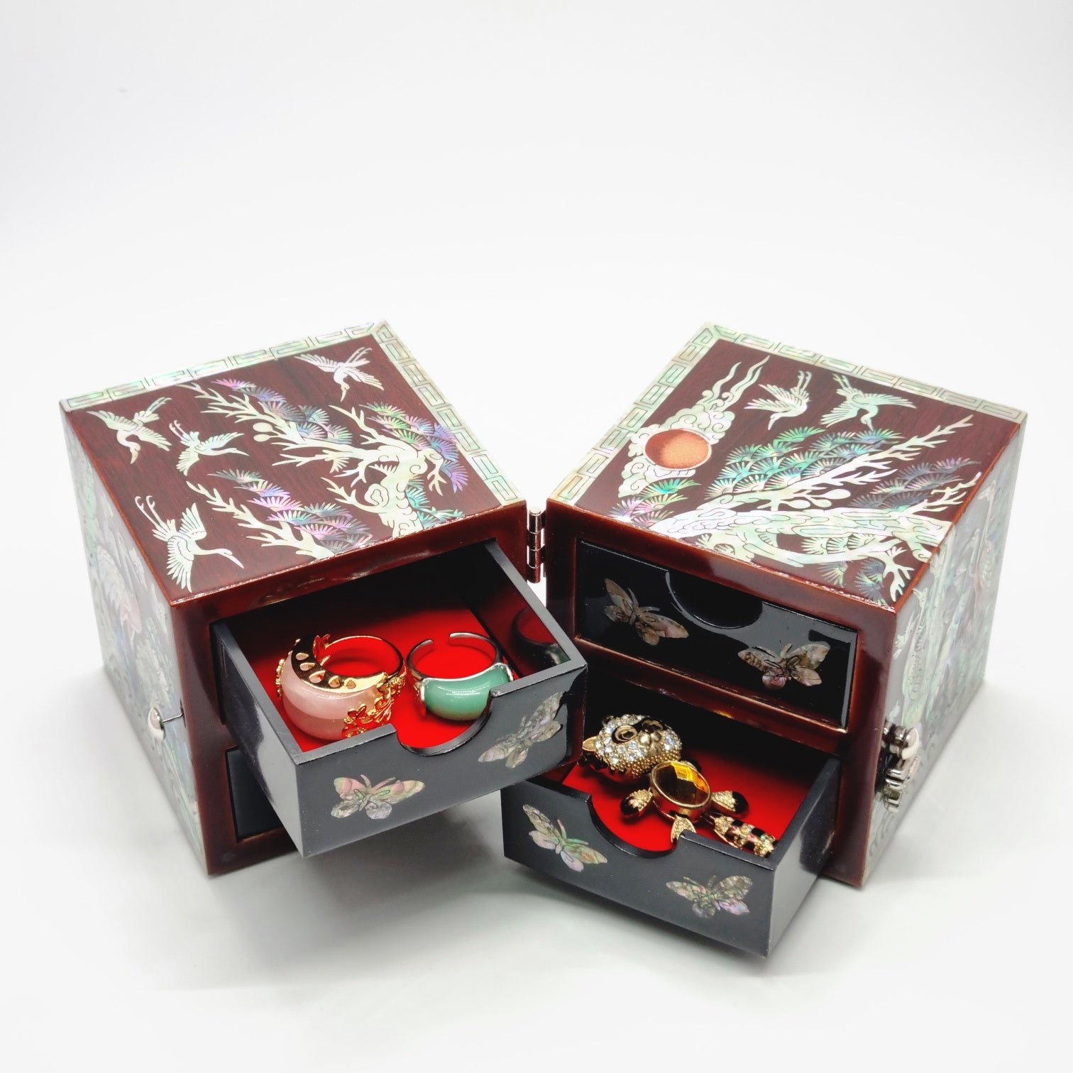 Korean stunning red songhaks mother-of-pearl jewelry box crane organizer box