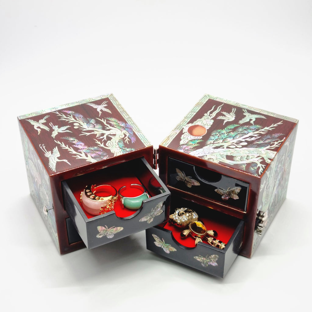 Korean stunning red songhaks mother-of-pearl jewelry box crane organizer box
