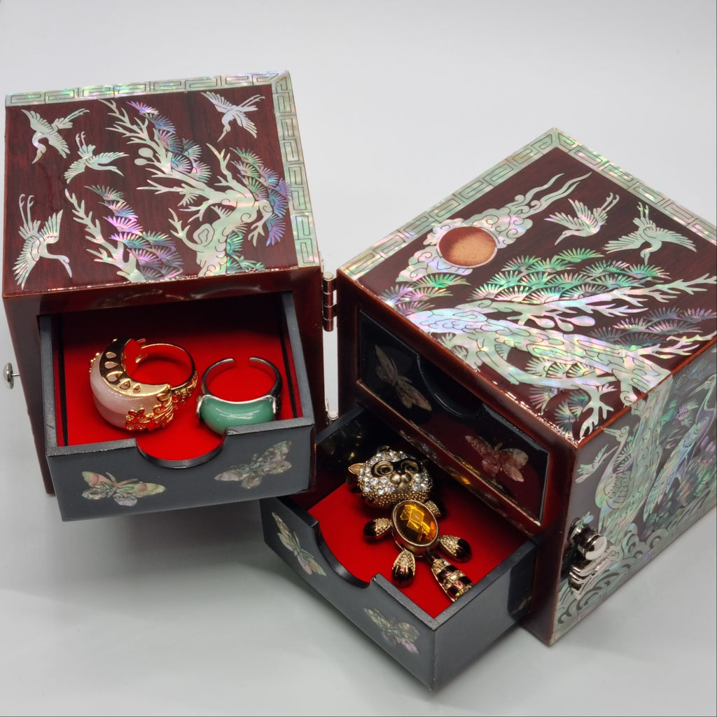 Korean stunning red songhaks mother-of-pearl jewelry box crane organizer box
